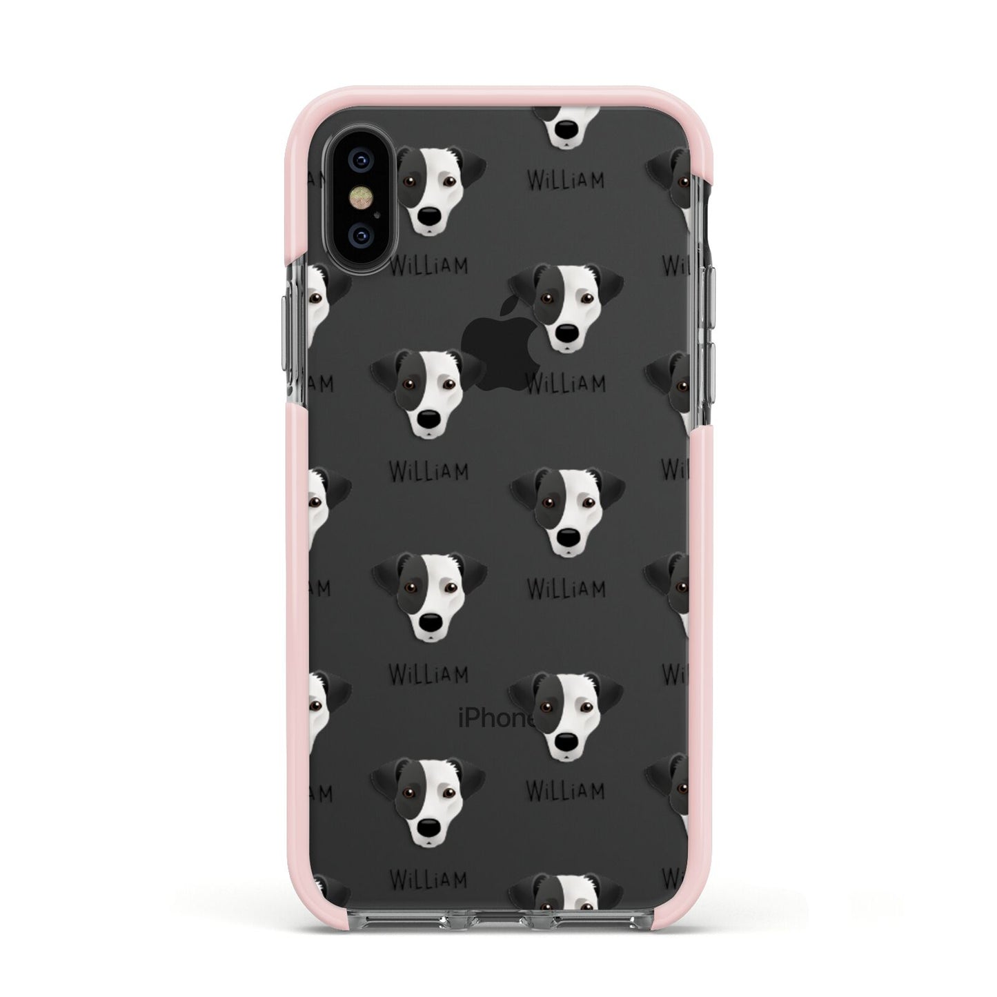 Jack Russell Terrier Icon with Name Apple iPhone Xs Impact Case Pink Edge on Black Phone