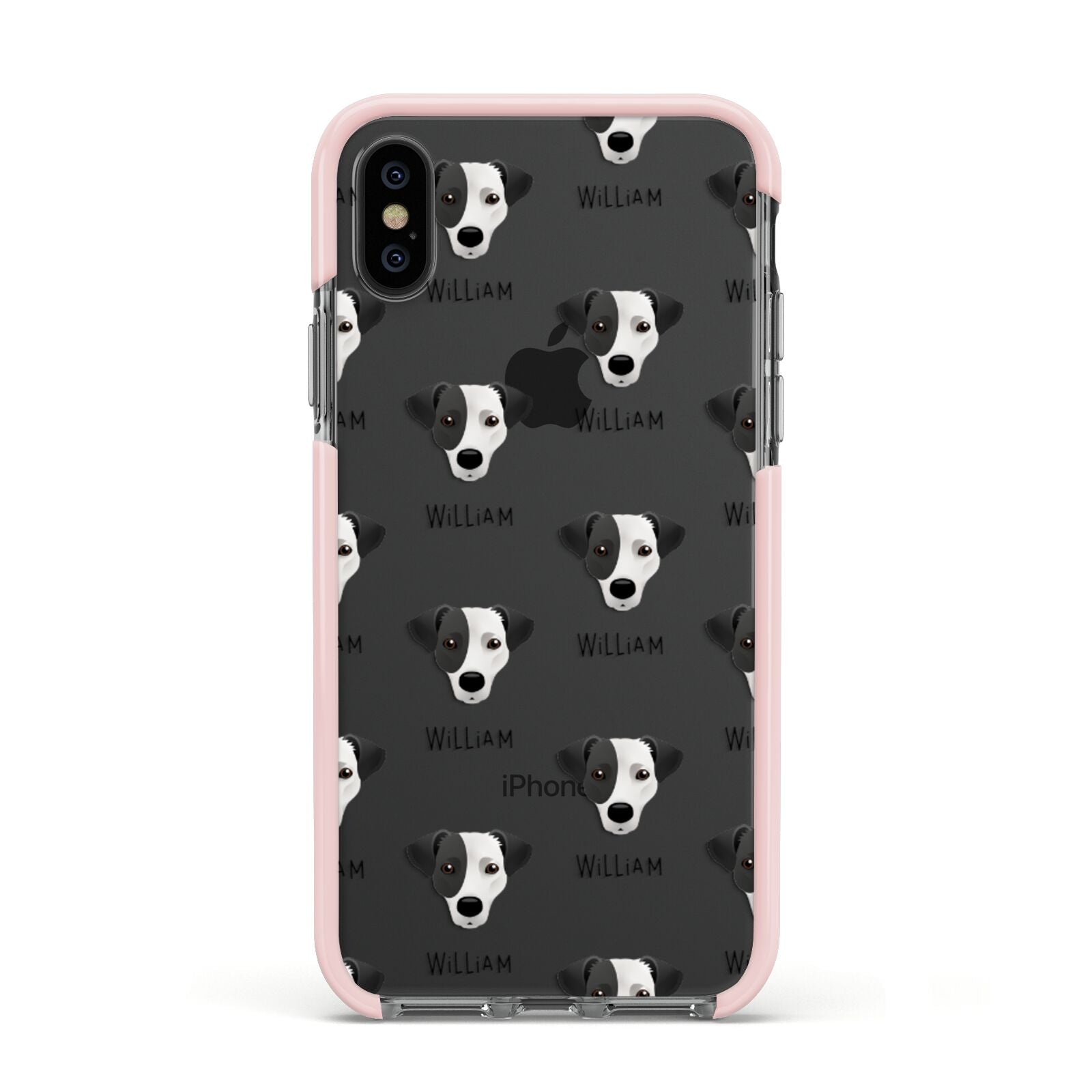 Jack Russell Terrier Icon with Name Apple iPhone Xs Impact Case Pink Edge on Black Phone