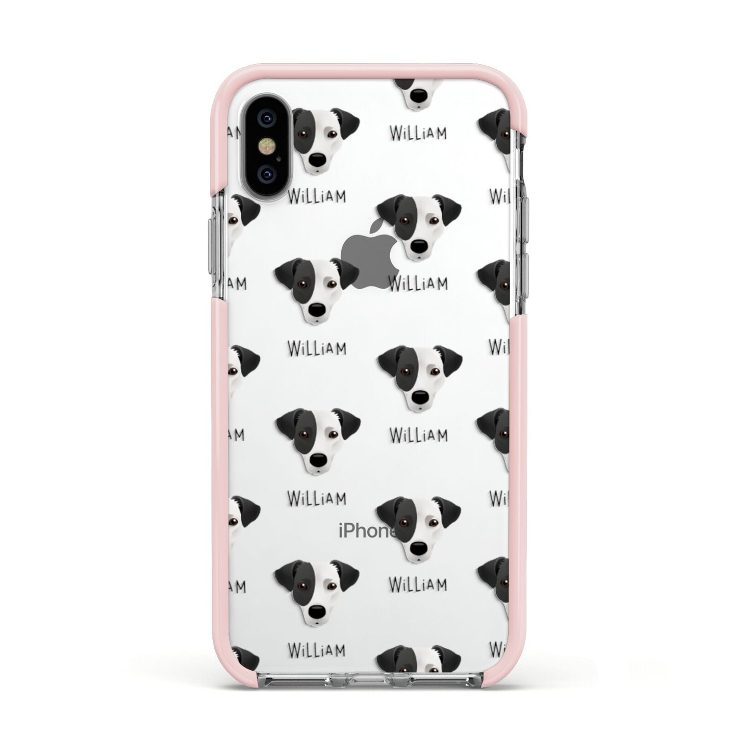 Jack Russell Terrier Icon with Name Apple iPhone Xs Impact Case Pink Edge on Silver Phone