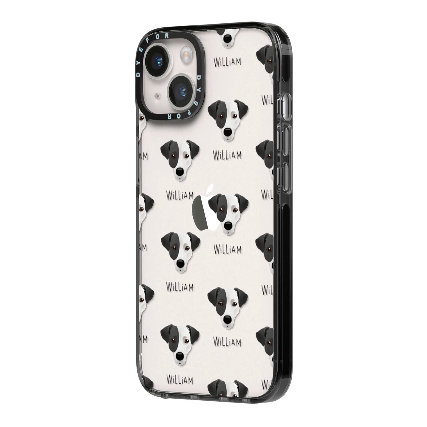 Jack Russell Terrier Icon with Name iPhone 14 Black Impact Case Side Angle on Silver phone