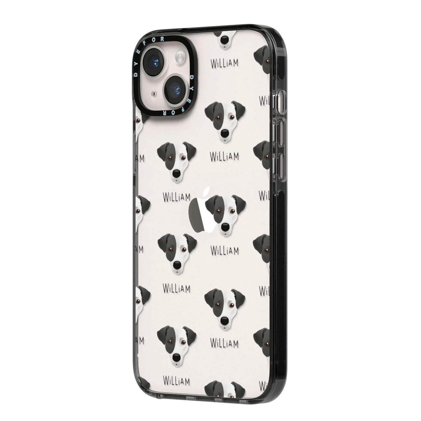 Jack Russell Terrier Icon with Name iPhone 14 Plus Black Impact Case Side Angle on Silver phone
