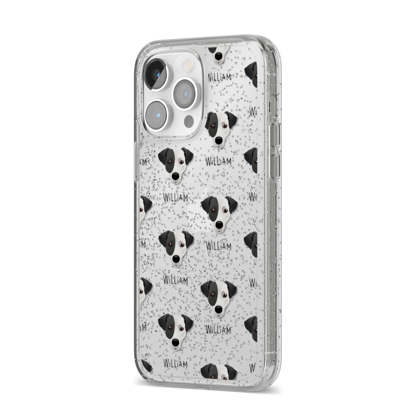 Jack Russell Terrier Icon with Name iPhone 14 Pro Max Glitter Tough Case Silver Angled Image