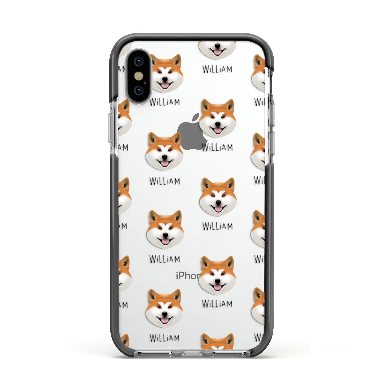 Japanese Akita Icon with Name Apple iPhone Xs Impact Case Black Edge on Silver Phone