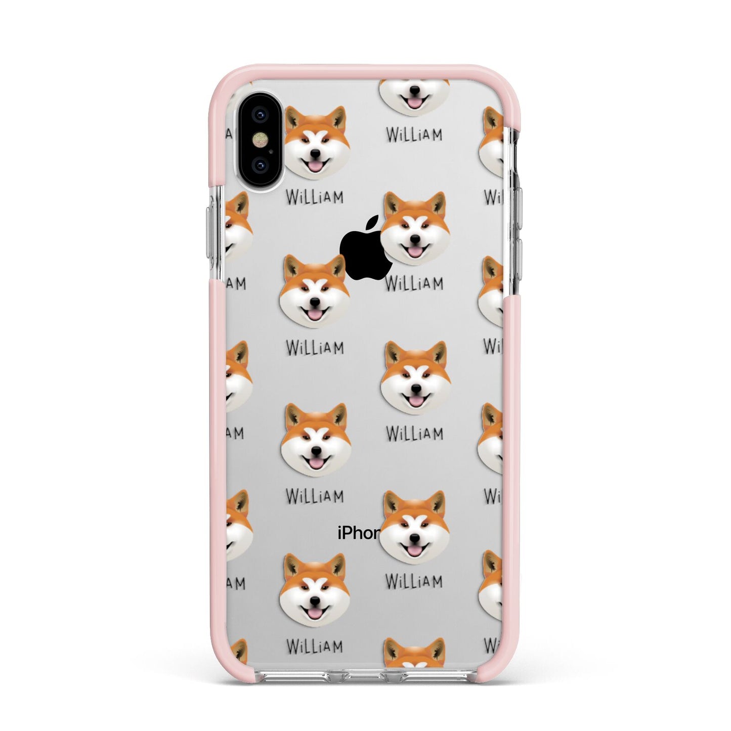Japanese Akita Icon with Name Apple iPhone Xs Max Impact Case Pink Edge on Silver Phone