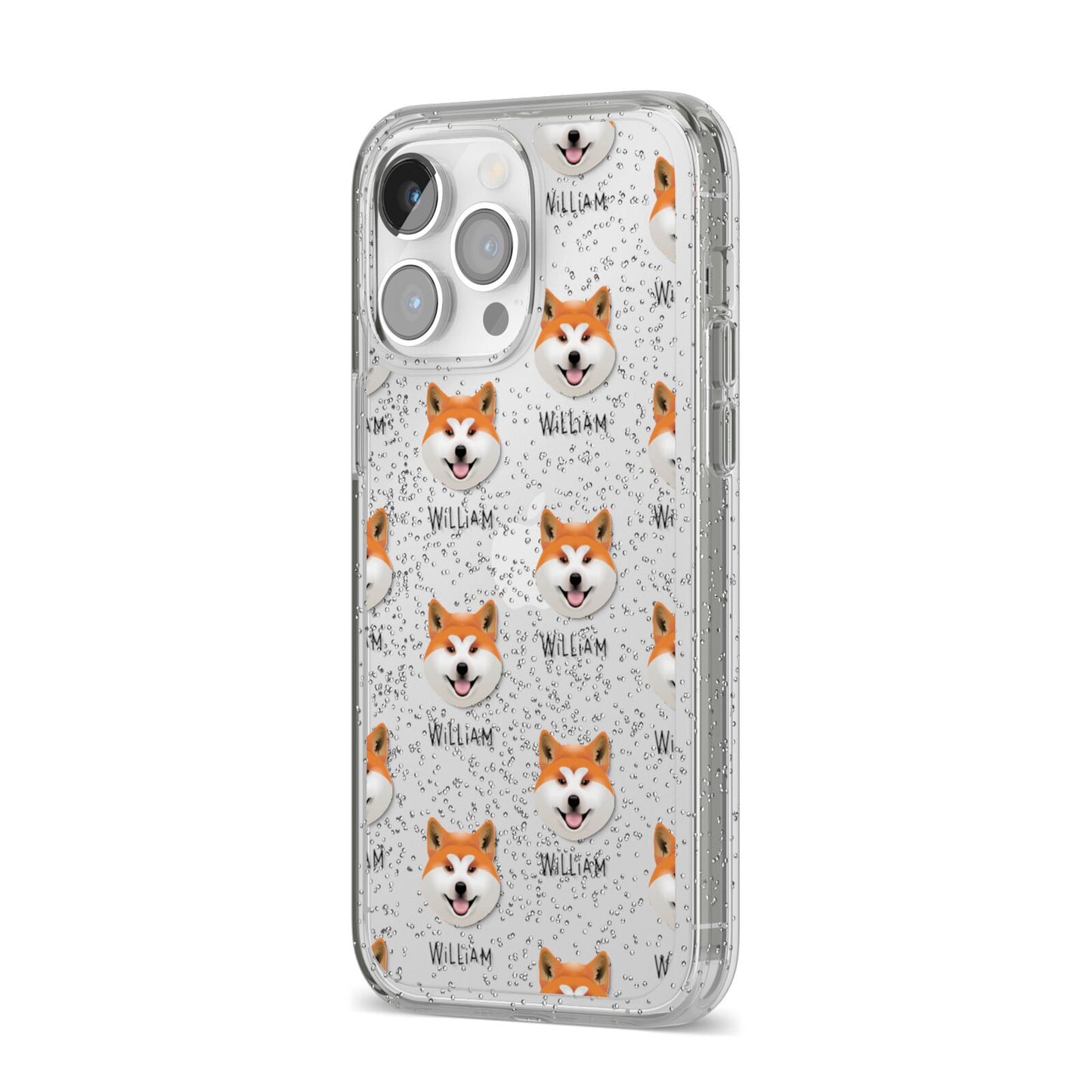 Japanese Akita Icon with Name iPhone 14 Pro Max Glitter Tough Case Silver Angled Image