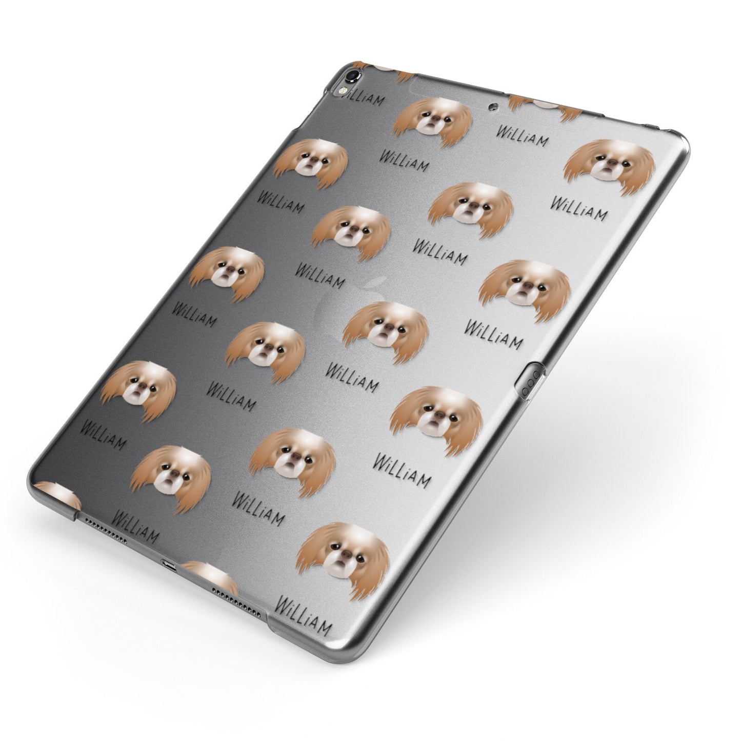 Japanese Chin Icon with Name Apple iPad Case on Grey iPad Side View
