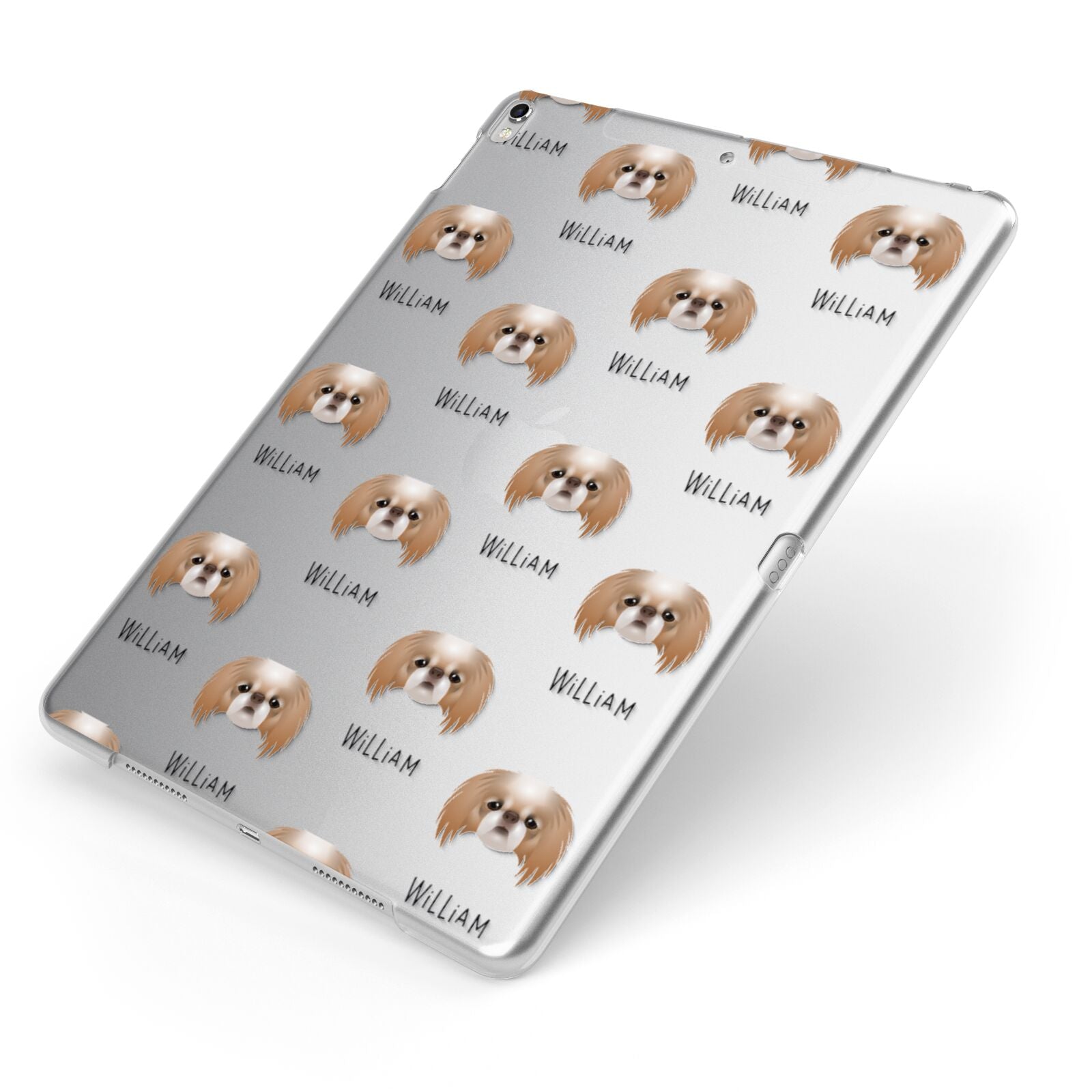 Japanese Chin Icon with Name Apple iPad Case on Silver iPad Side View