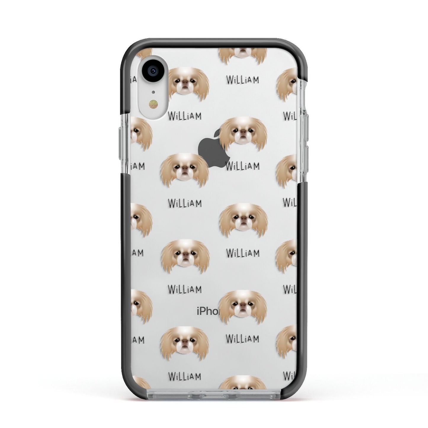 Japanese Chin Icon with Name Apple iPhone XR Impact Case Black Edge on Silver Phone