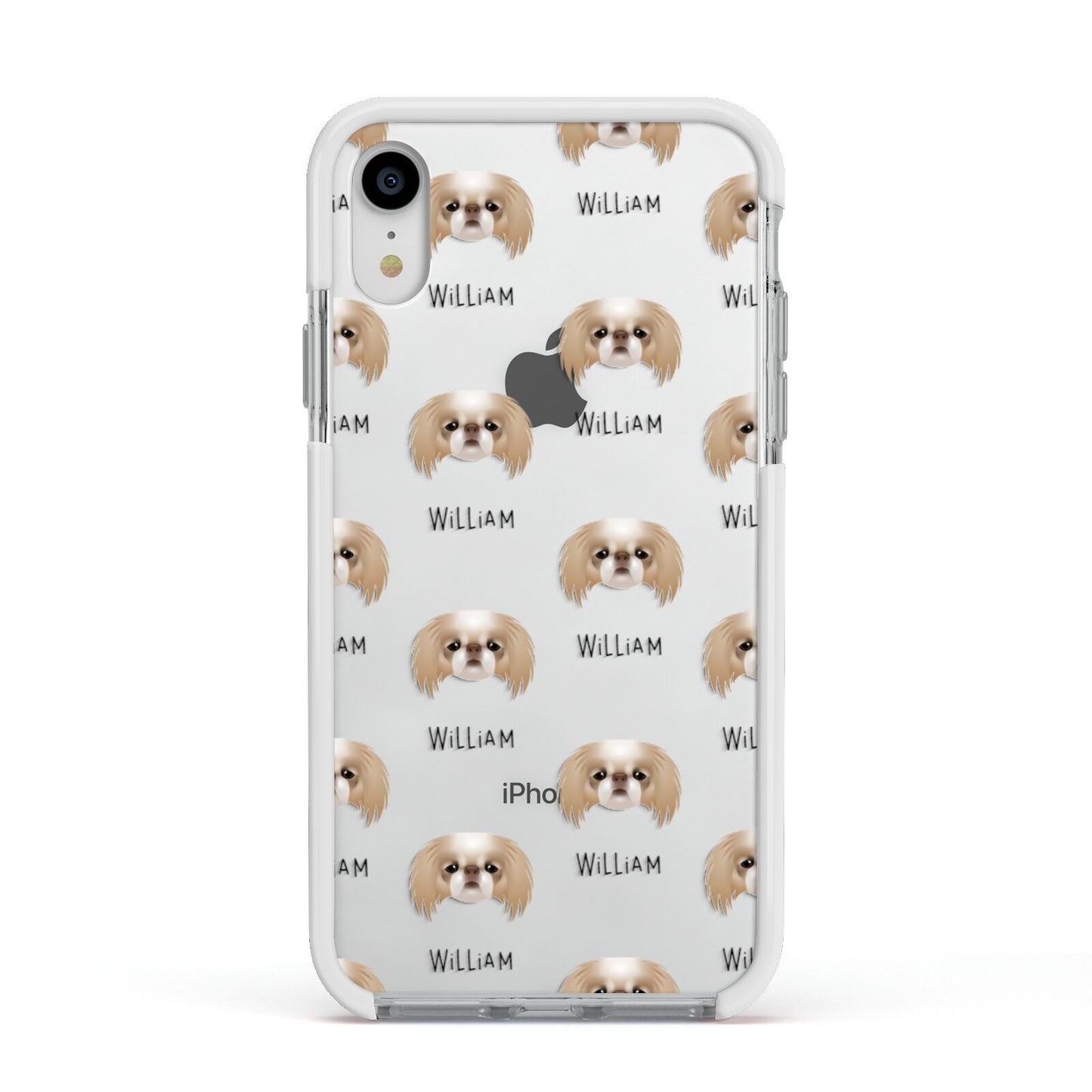Japanese Chin Icon with Name Apple iPhone XR Impact Case White Edge on Silver Phone