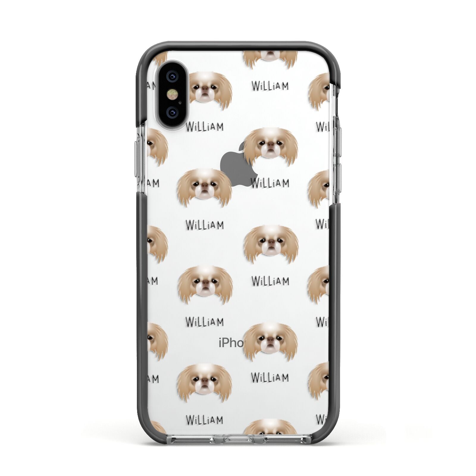 Japanese Chin Icon with Name Apple iPhone Xs Impact Case Black Edge on Silver Phone