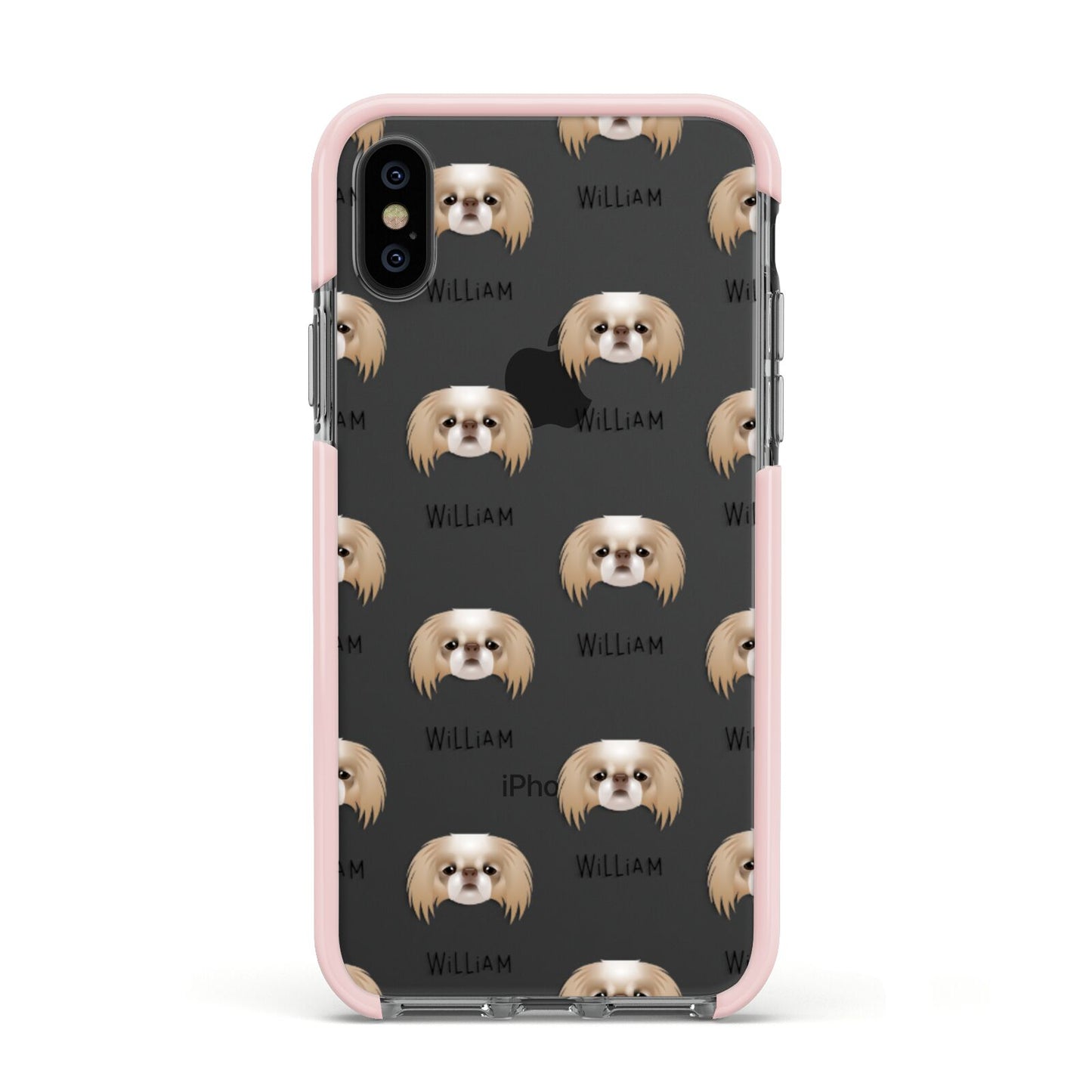 Japanese Chin Icon with Name Apple iPhone Xs Impact Case Pink Edge on Black Phone