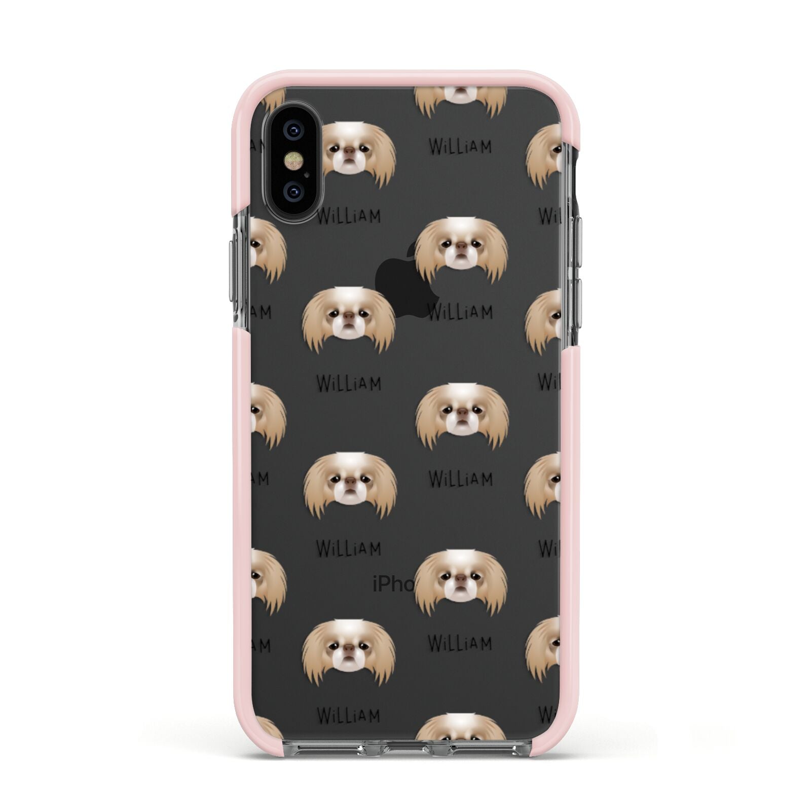 Japanese Chin Icon with Name Apple iPhone Xs Impact Case Pink Edge on Black Phone