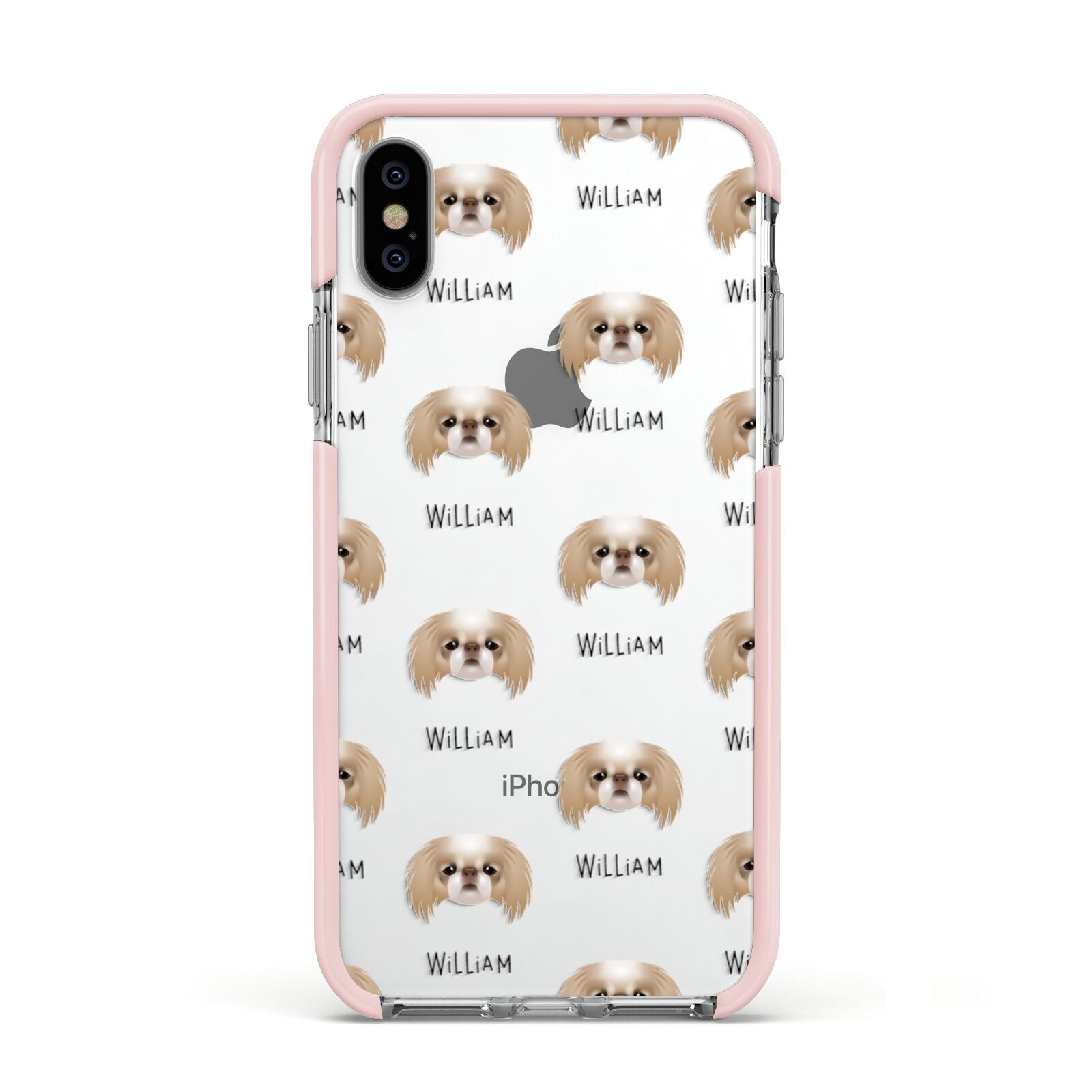 Japanese Chin Icon with Name Apple iPhone Xs Impact Case Pink Edge on Silver Phone