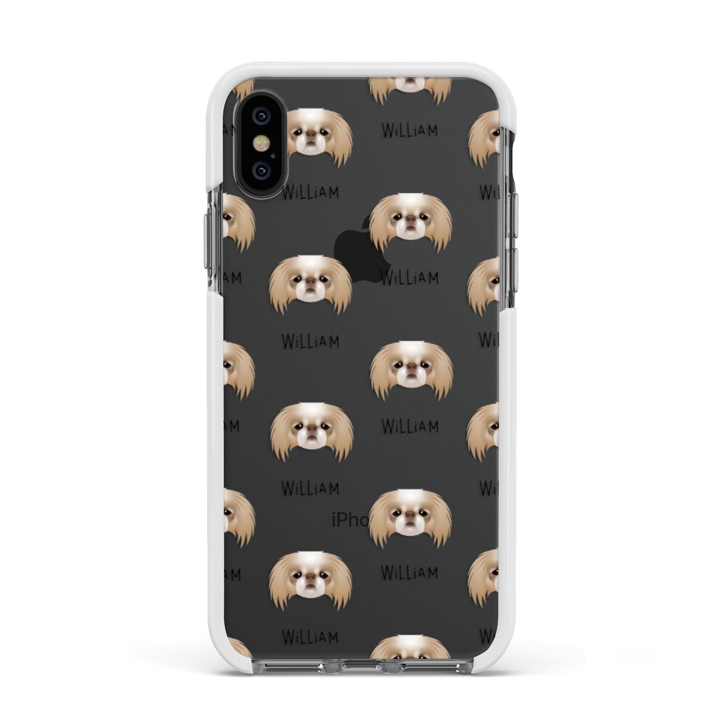 Japanese Chin Icon with Name Apple iPhone Xs Impact Case White Edge on Black Phone