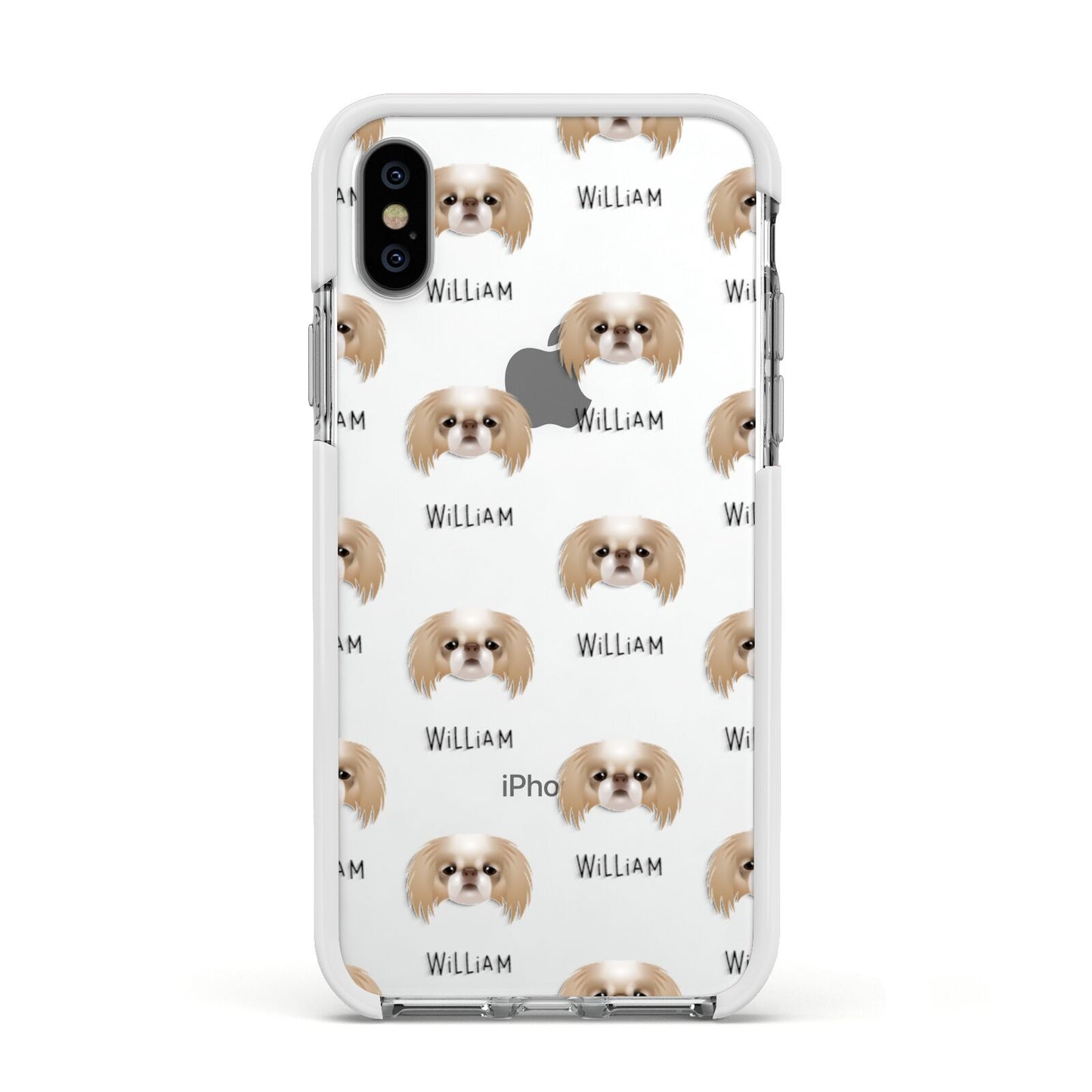 Japanese Chin Icon with Name Apple iPhone Xs Impact Case White Edge on Silver Phone