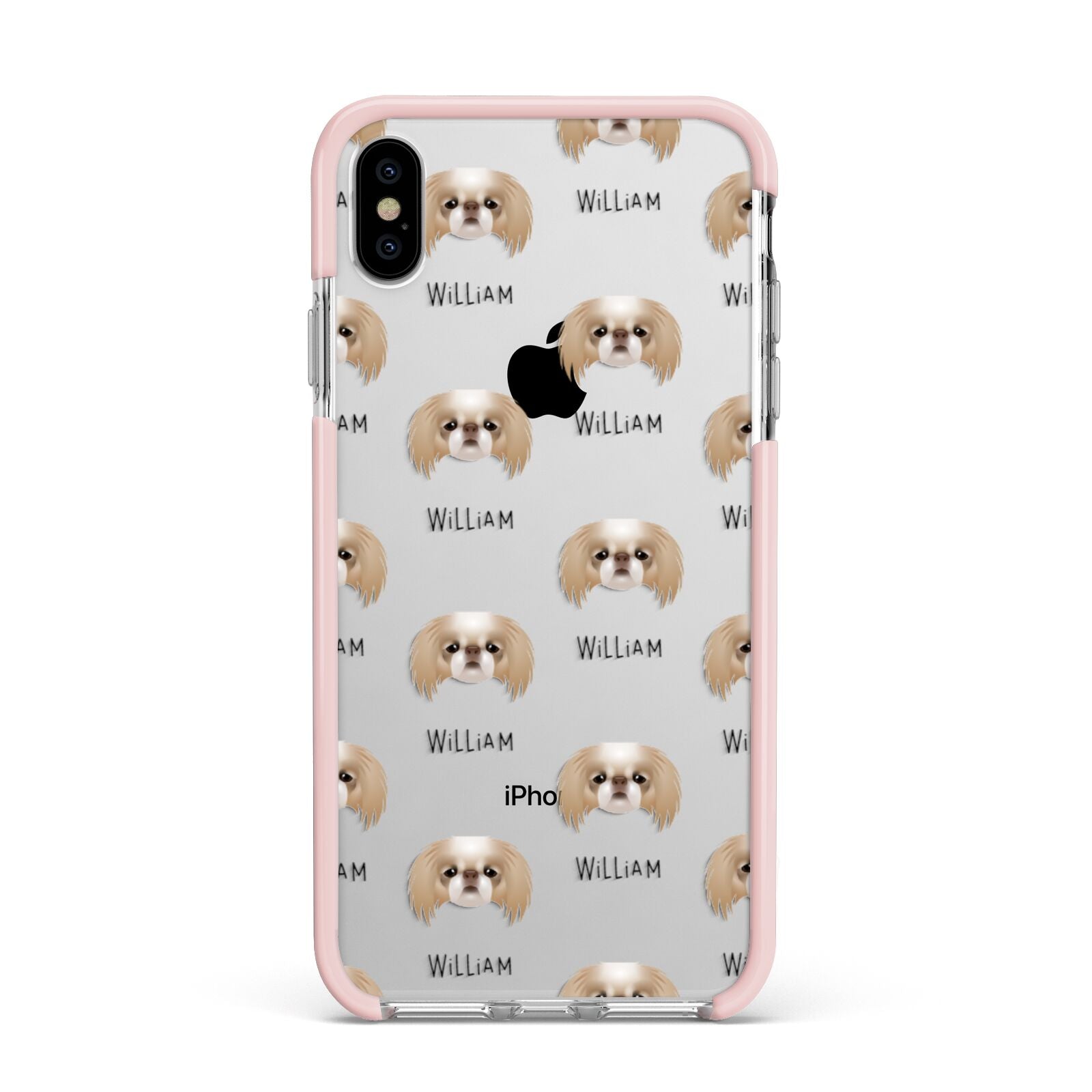 Japanese Chin Icon with Name Apple iPhone Xs Max Impact Case Pink Edge on Silver Phone