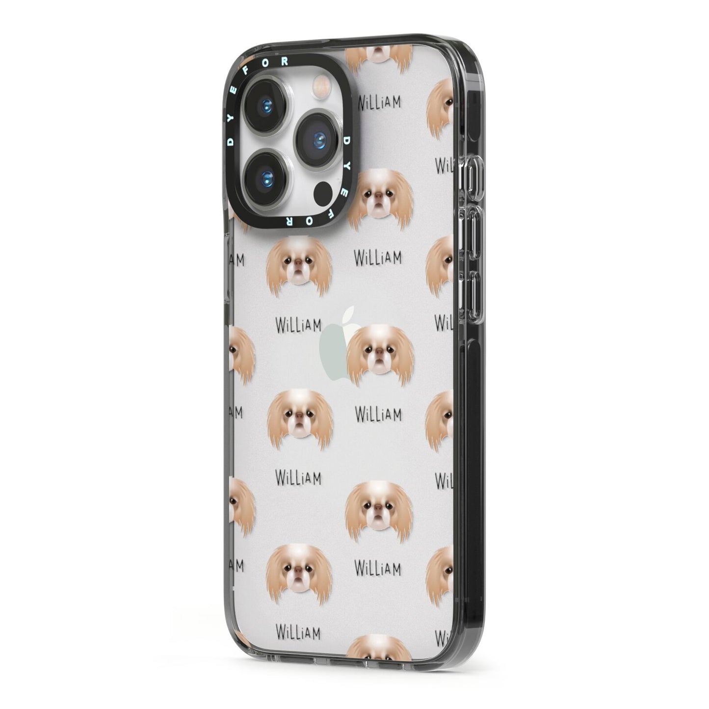 Japanese Chin Icon with Name iPhone 13 Pro Black Impact Case Side Angle on Silver phone