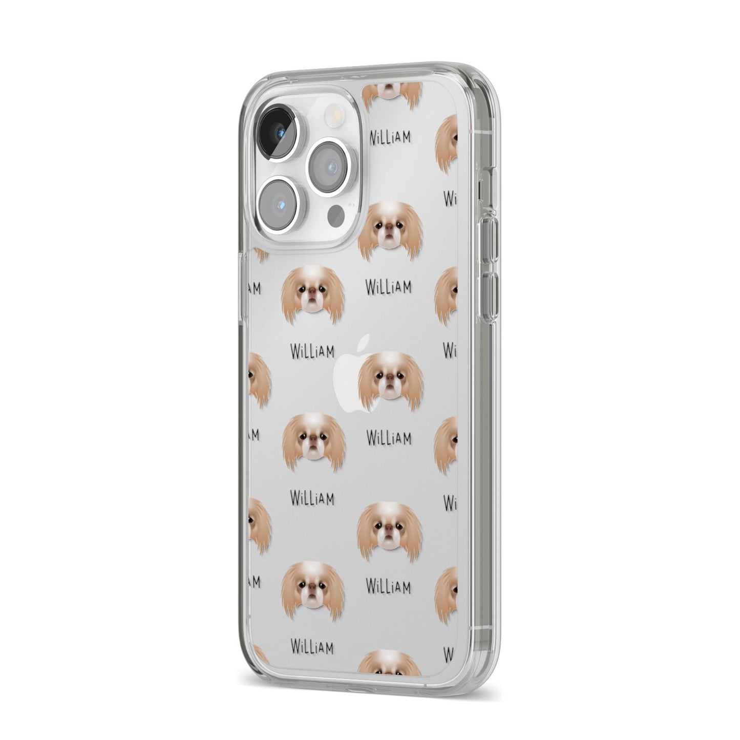 Japanese Chin Icon with Name iPhone 14 Pro Max Clear Tough Case Silver Angled Image