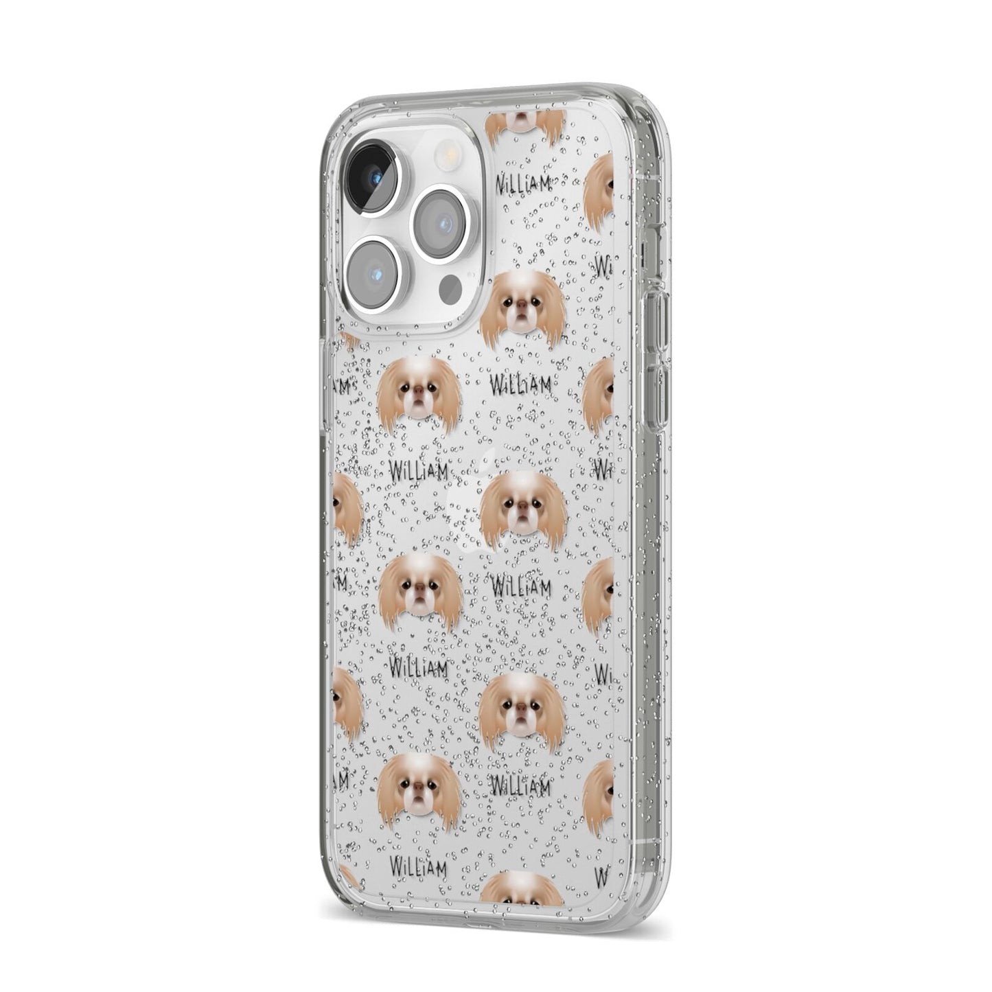 Japanese Chin Icon with Name iPhone 14 Pro Max Glitter Tough Case Silver Angled Image