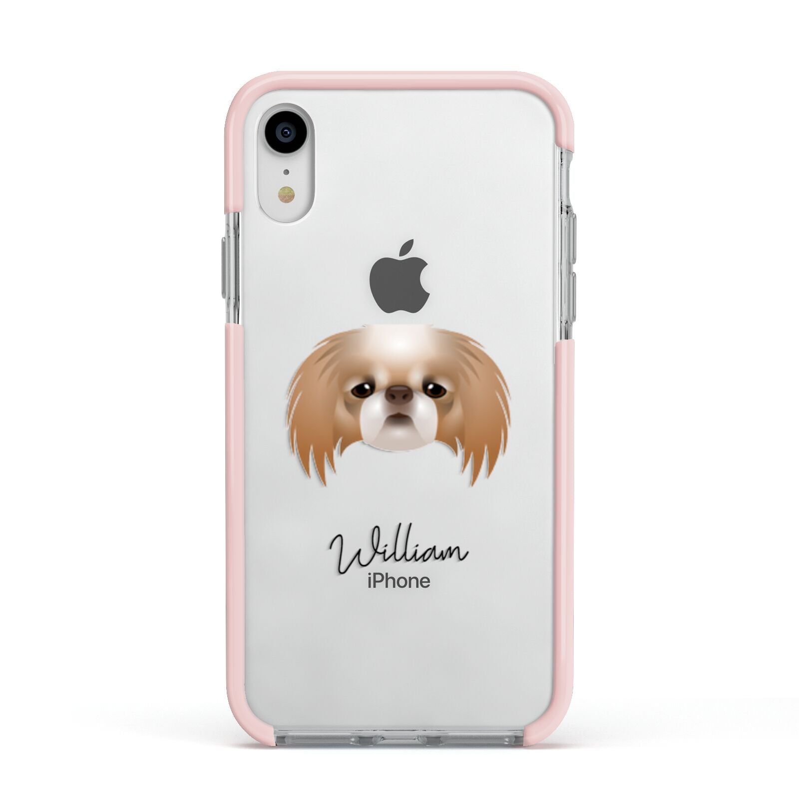 Japanese Chin Personalised Apple iPhone XR Impact Case Pink Edge on Silver Phone