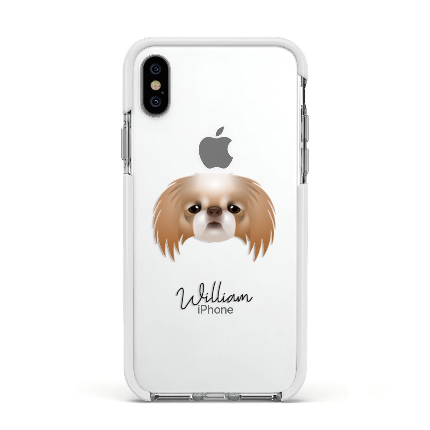 Japanese Chin Personalised Apple iPhone Xs Impact Case White Edge on Silver Phone