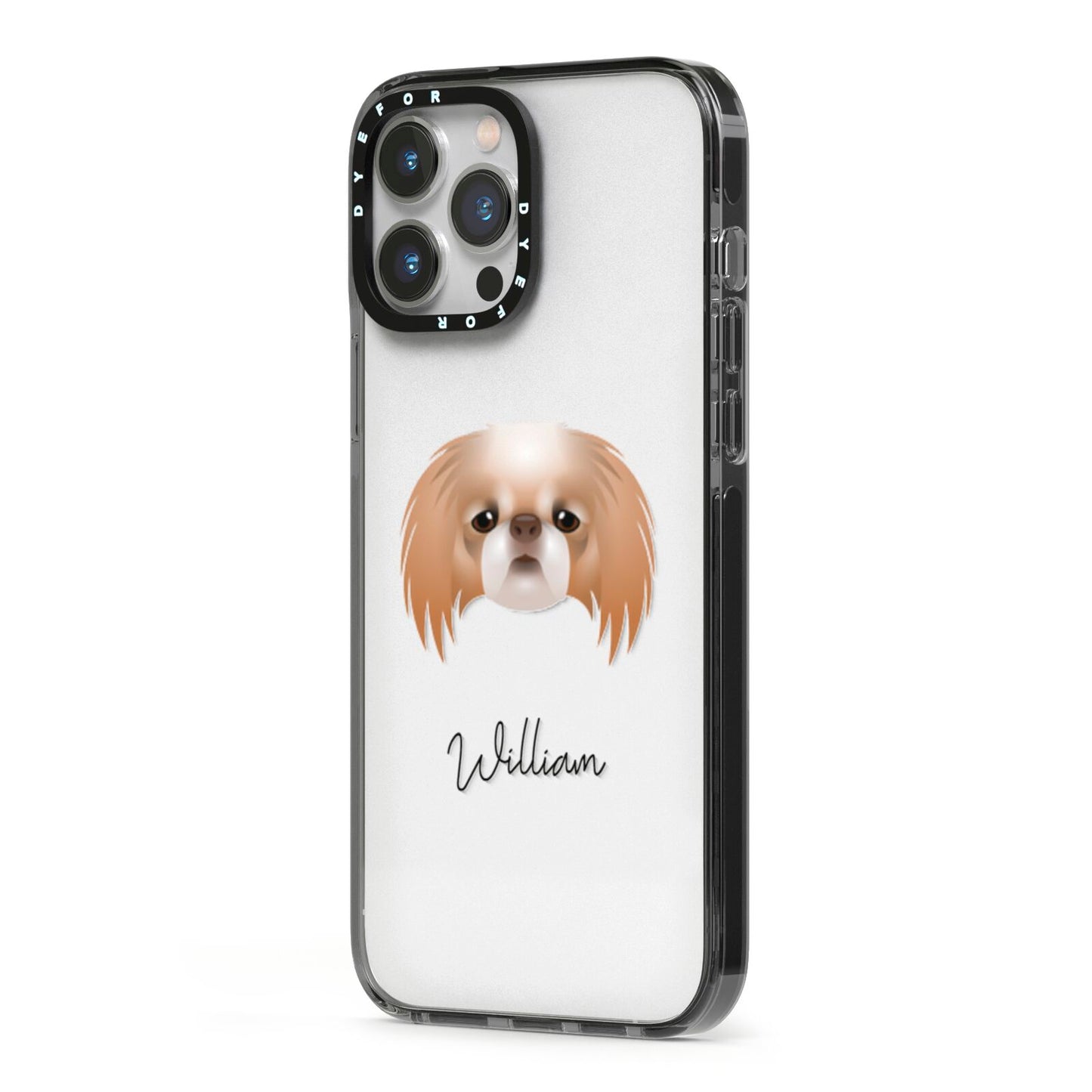 Japanese Chin Personalised iPhone 13 Pro Max Black Impact Case Side Angle on Silver phone