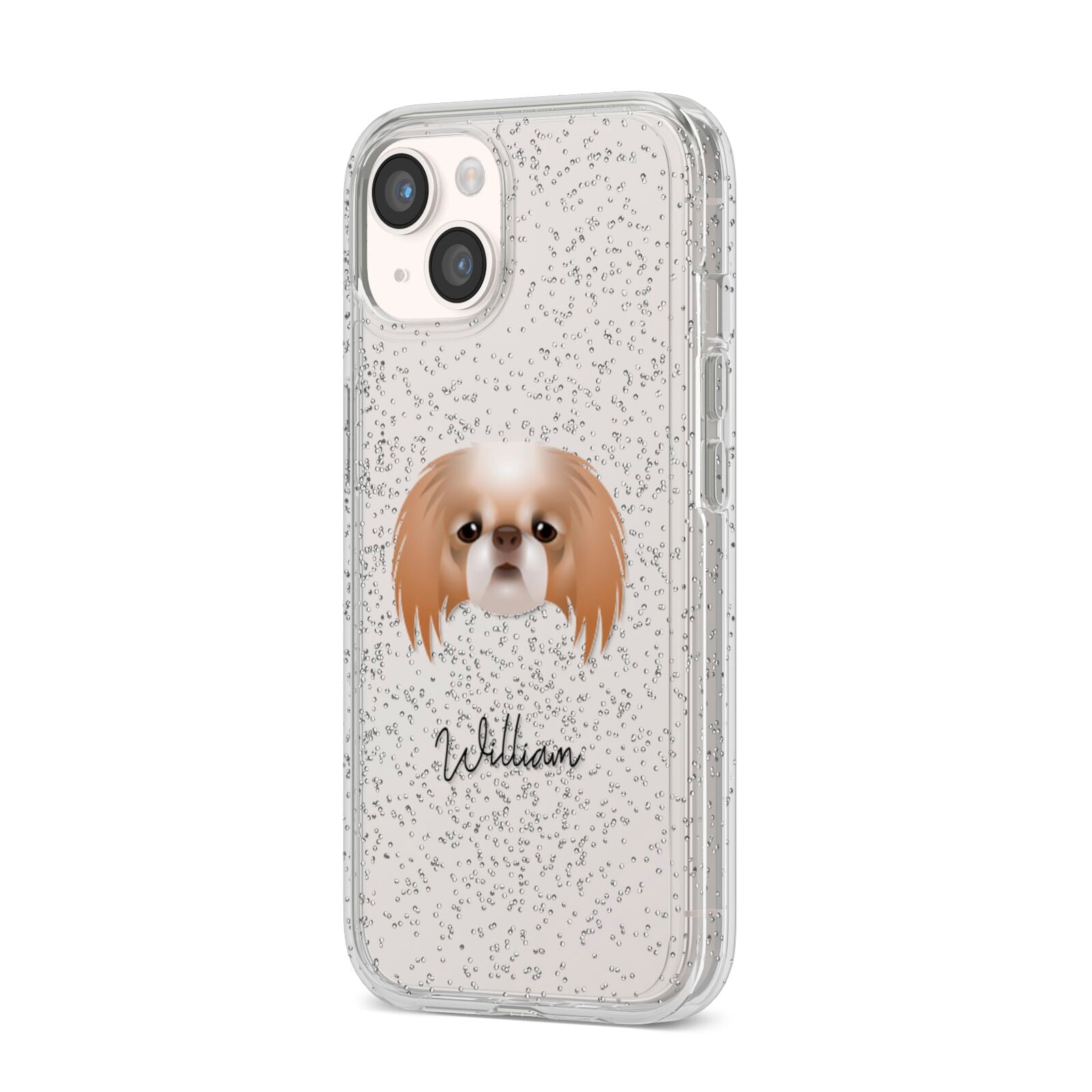 Japanese Chin Personalised iPhone 14 Glitter Tough Case Starlight Angled Image