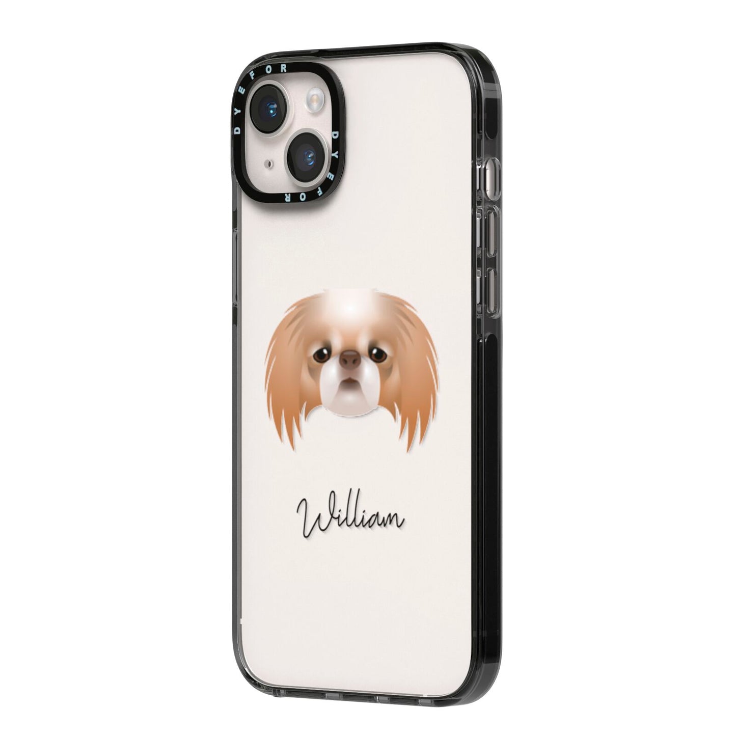 Japanese Chin Personalised iPhone 14 Plus Black Impact Case Side Angle on Silver phone