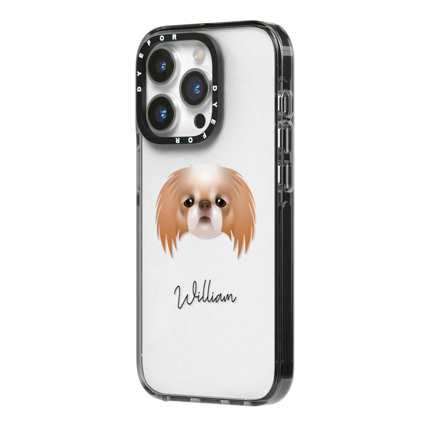 Japanese Chin Personalised iPhone 14 Pro Black Impact Case Side Angle on Silver phone