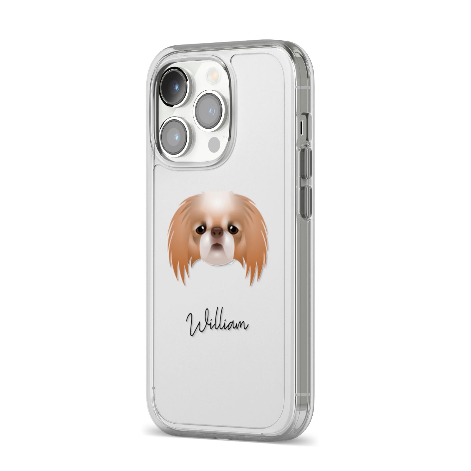 Japanese Chin Personalised iPhone 14 Pro Clear Tough Case Silver Angled Image
