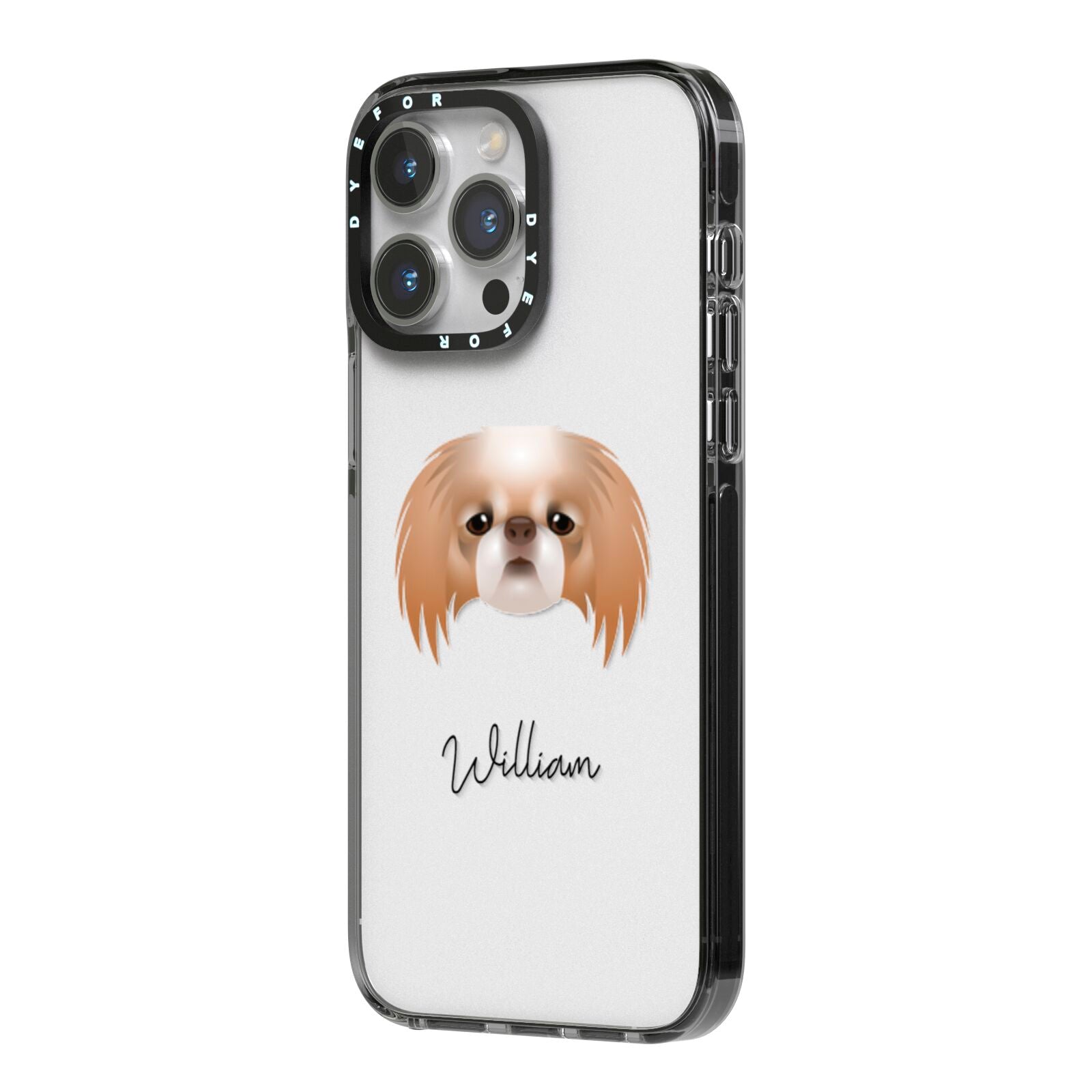 Japanese Chin Personalised iPhone 14 Pro Max Black Impact Case Side Angle on Silver phone