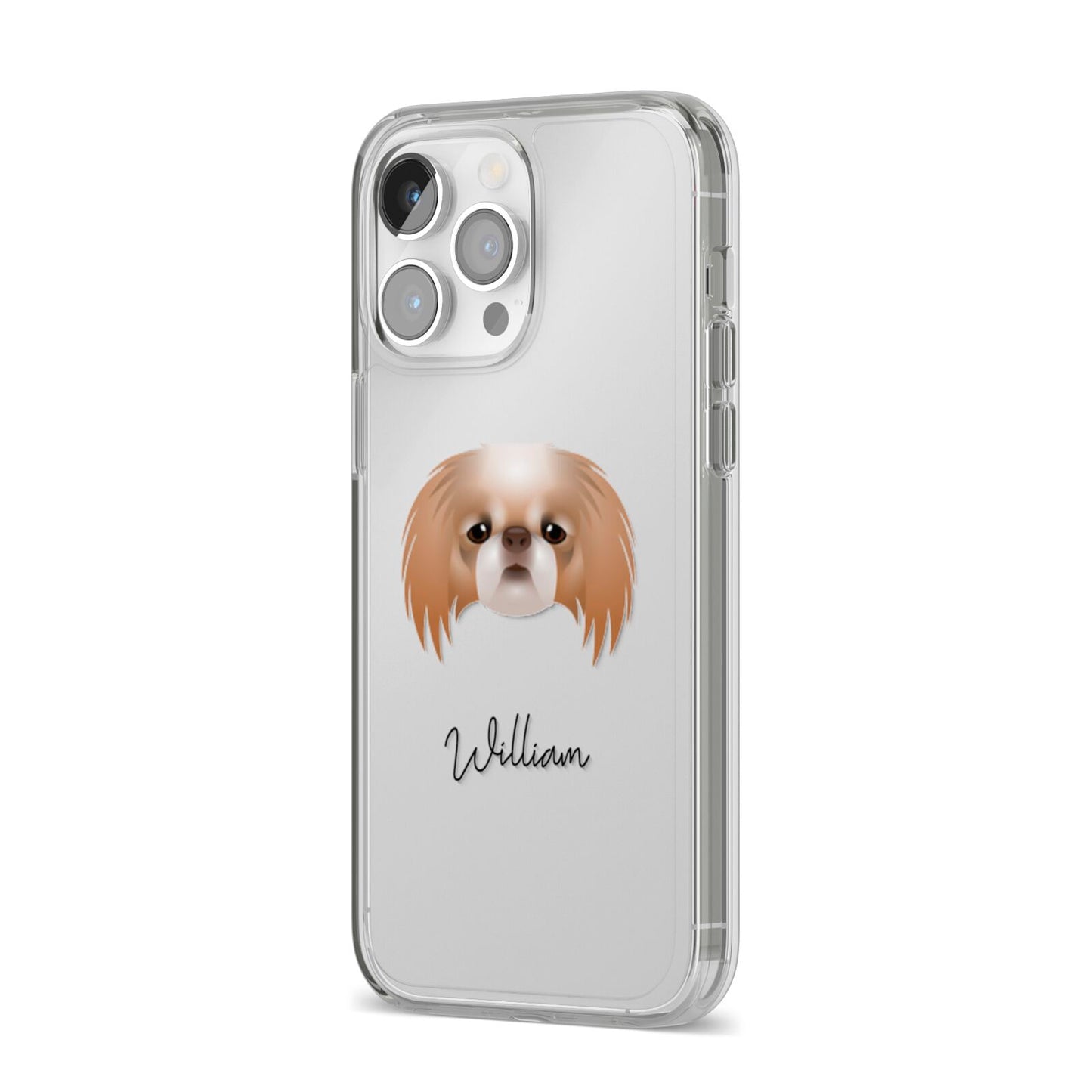 Japanese Chin Personalised iPhone 14 Pro Max Clear Tough Case Silver Angled Image