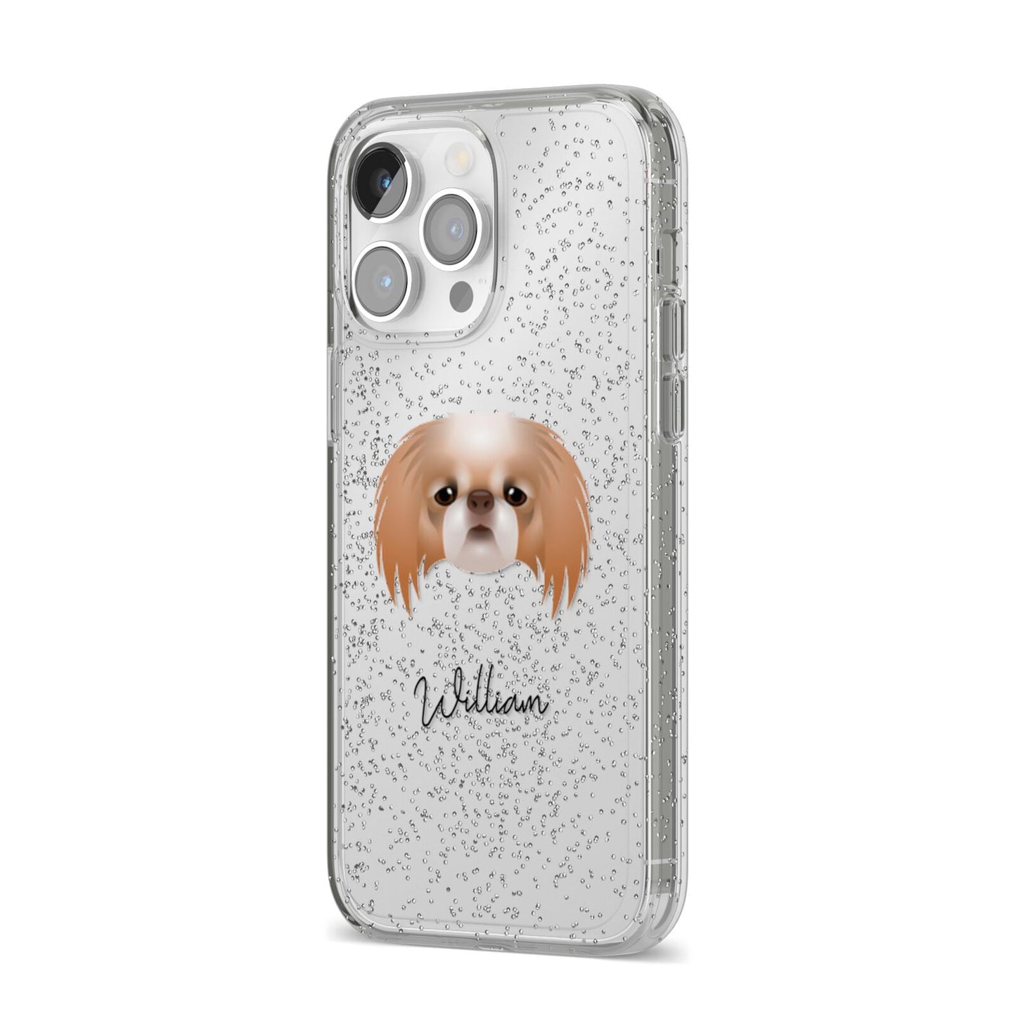 Japanese Chin Personalised iPhone 14 Pro Max Glitter Tough Case Silver Angled Image