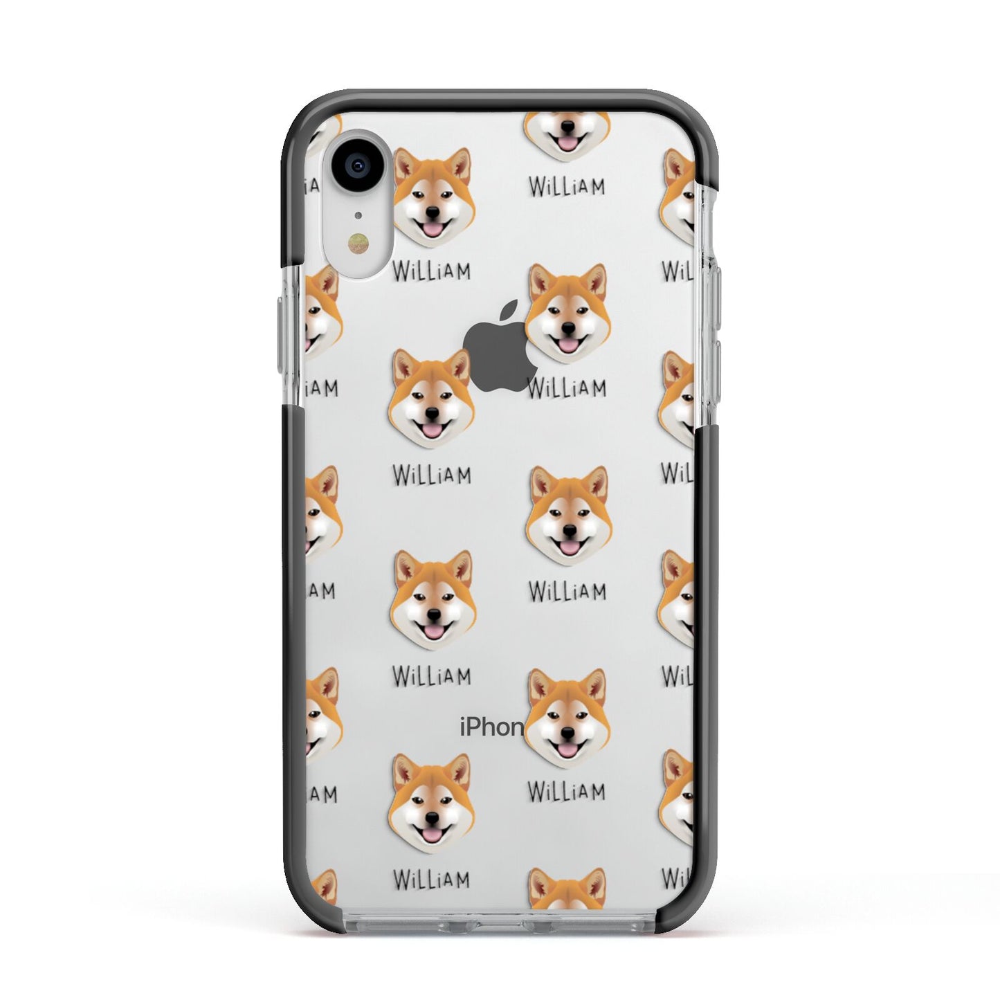 Japanese Shiba Icon with Name Apple iPhone XR Impact Case Black Edge on Silver Phone