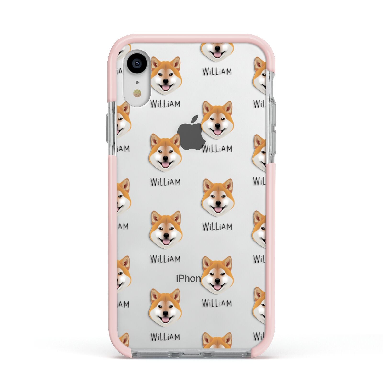 Japanese Shiba Icon with Name Apple iPhone XR Impact Case Pink Edge on Silver Phone