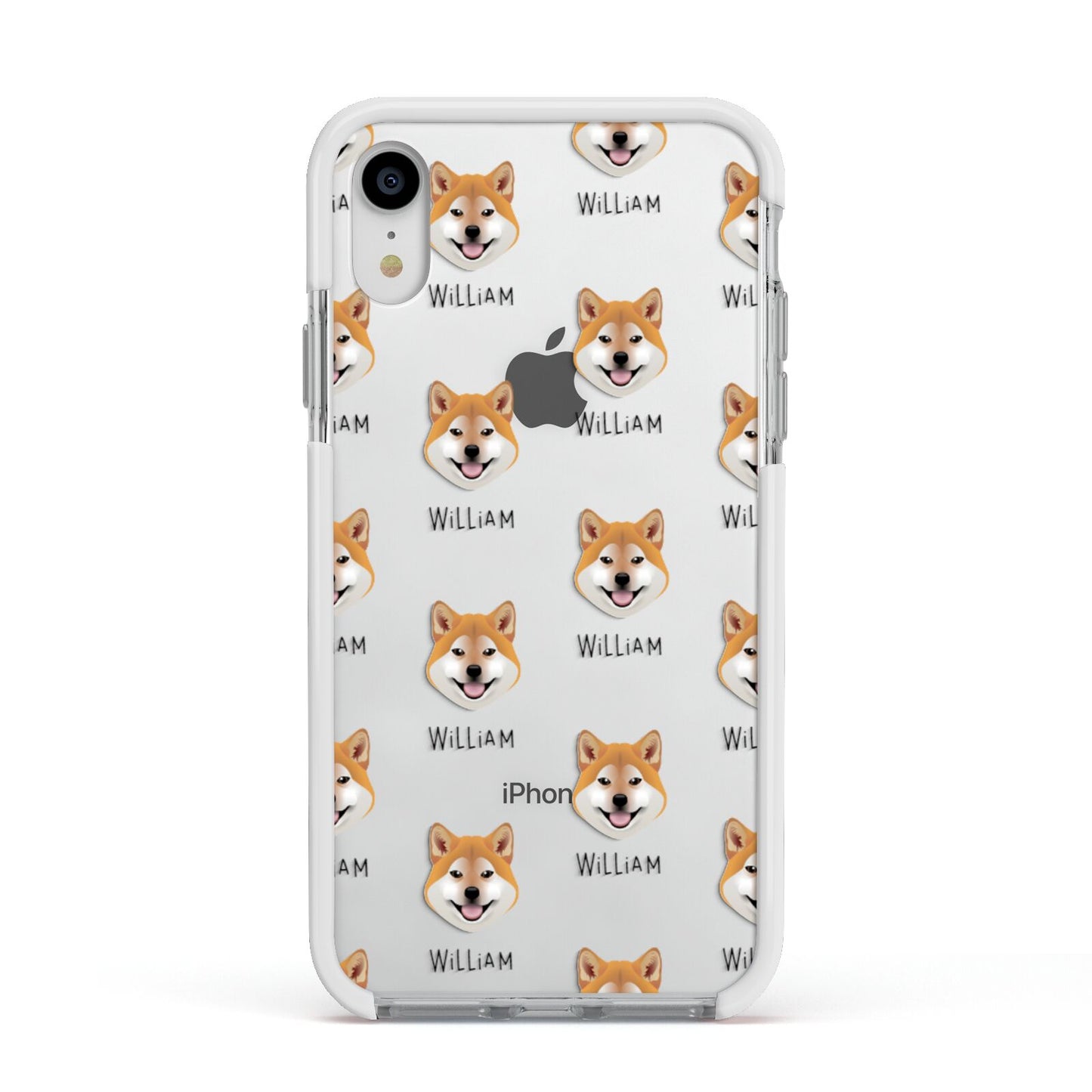 Japanese Shiba Icon with Name Apple iPhone XR Impact Case White Edge on Silver Phone