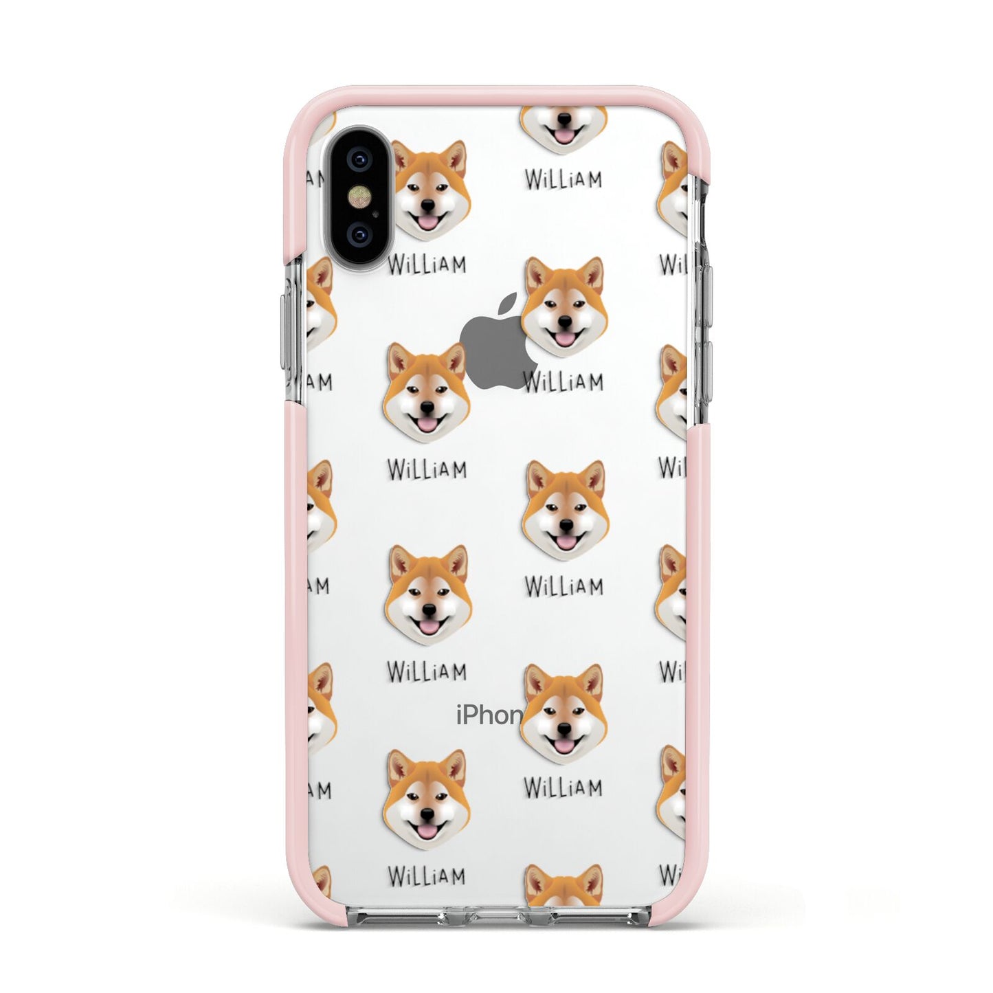 Japanese Shiba Icon with Name Apple iPhone Xs Impact Case Pink Edge on Silver Phone