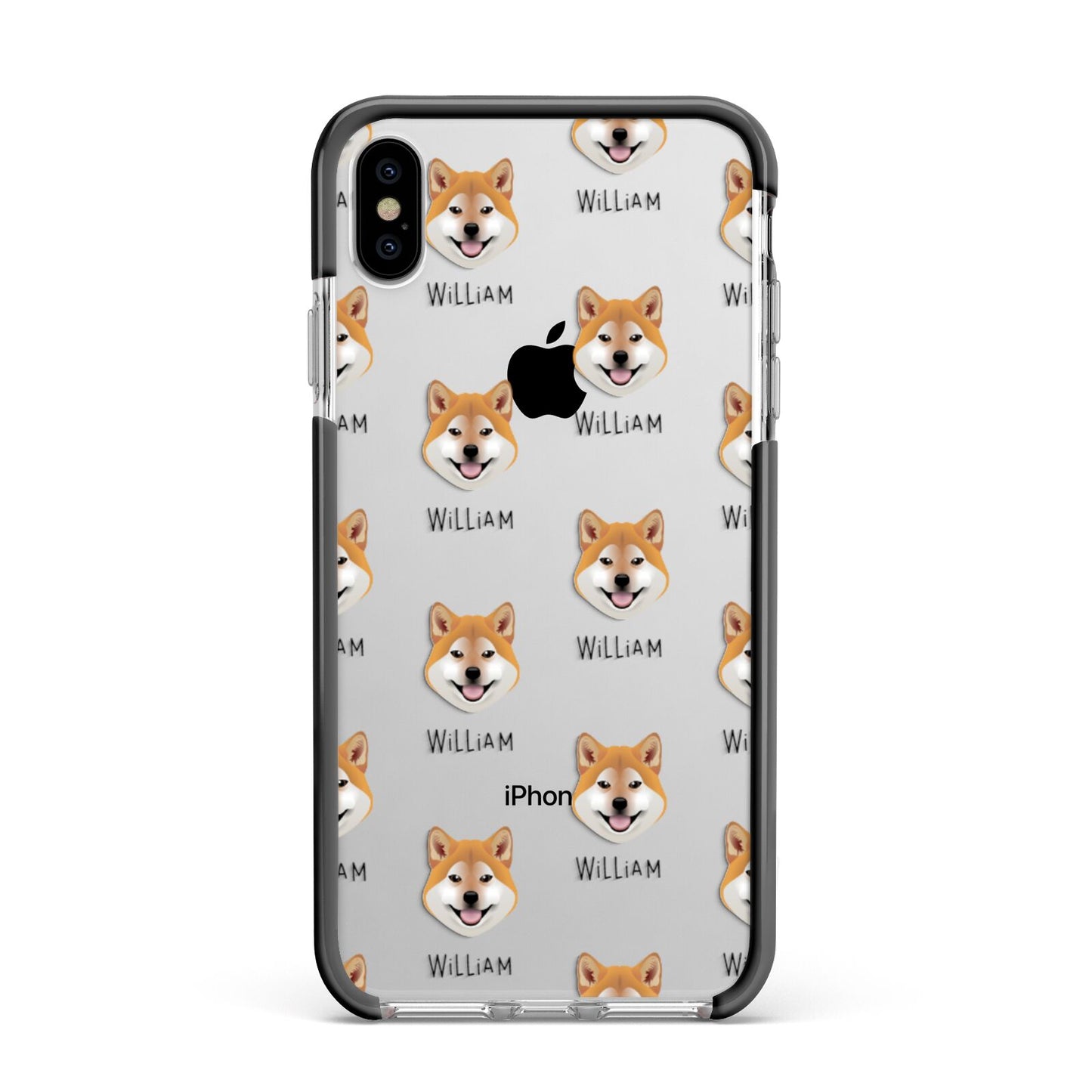 Japanese Shiba Icon with Name Apple iPhone Xs Max Impact Case Black Edge on Silver Phone