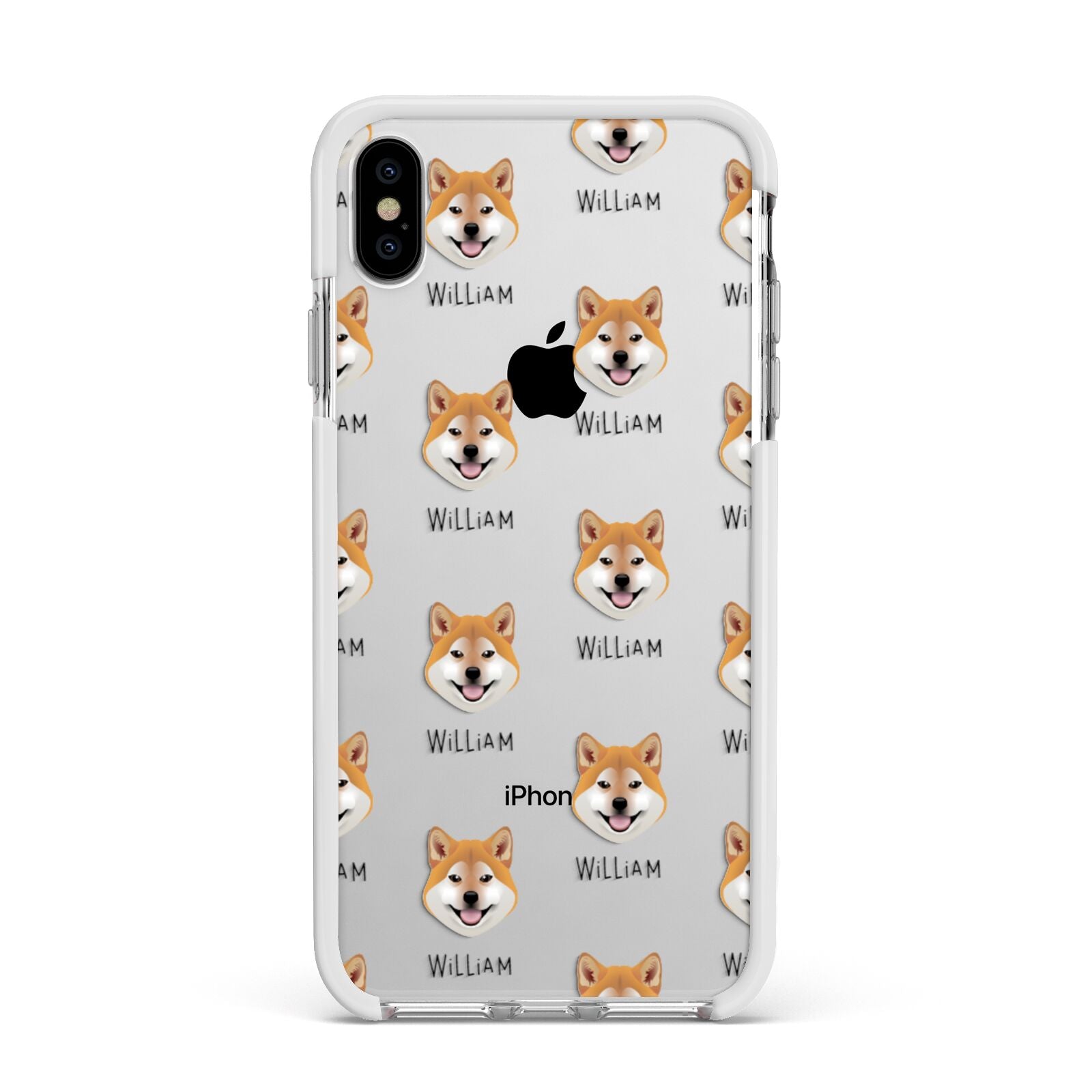 Japanese Shiba Icon with Name Apple iPhone Xs Max Impact Case White Edge on Silver Phone