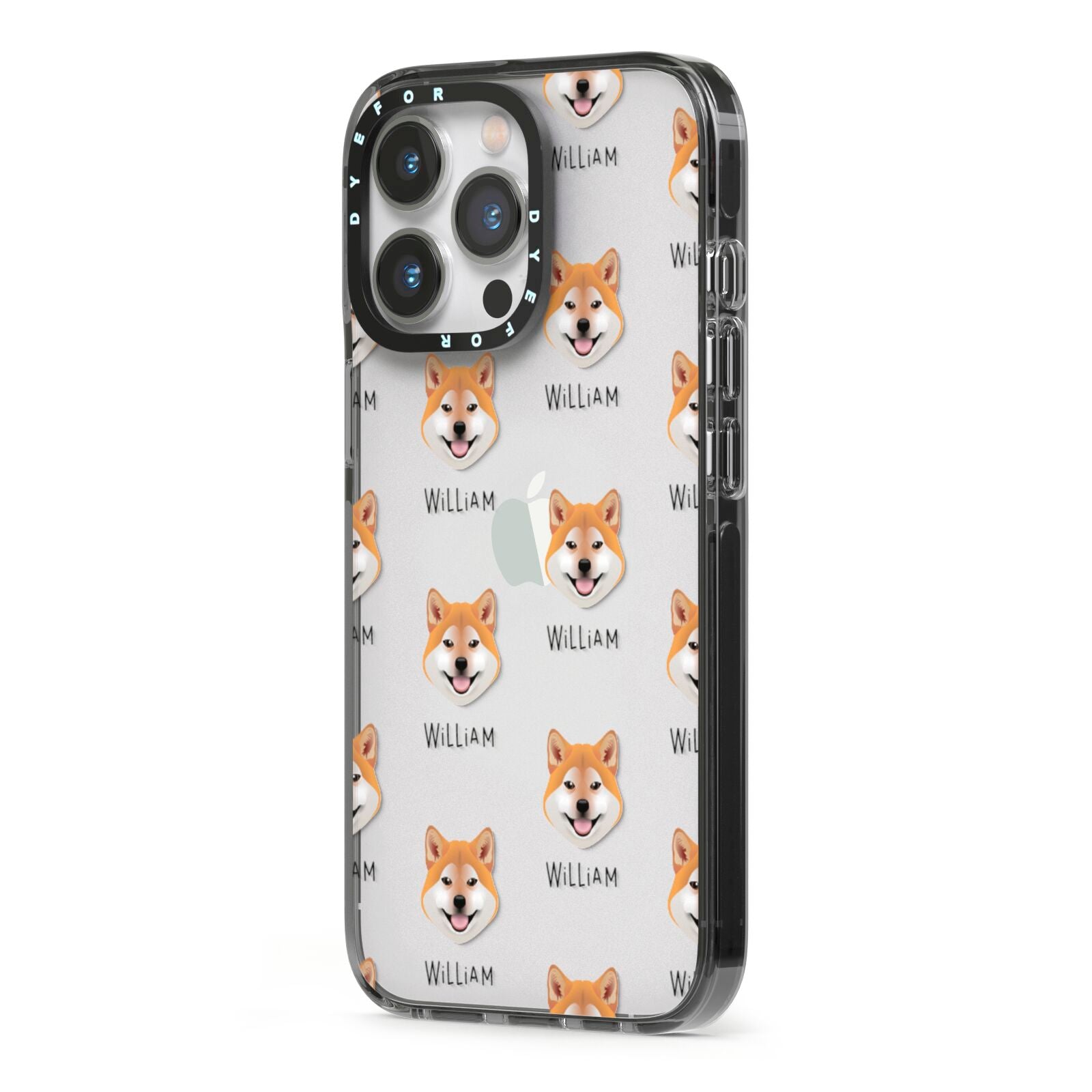 Japanese Shiba Icon with Name iPhone 13 Pro Black Impact Case Side Angle on Silver phone