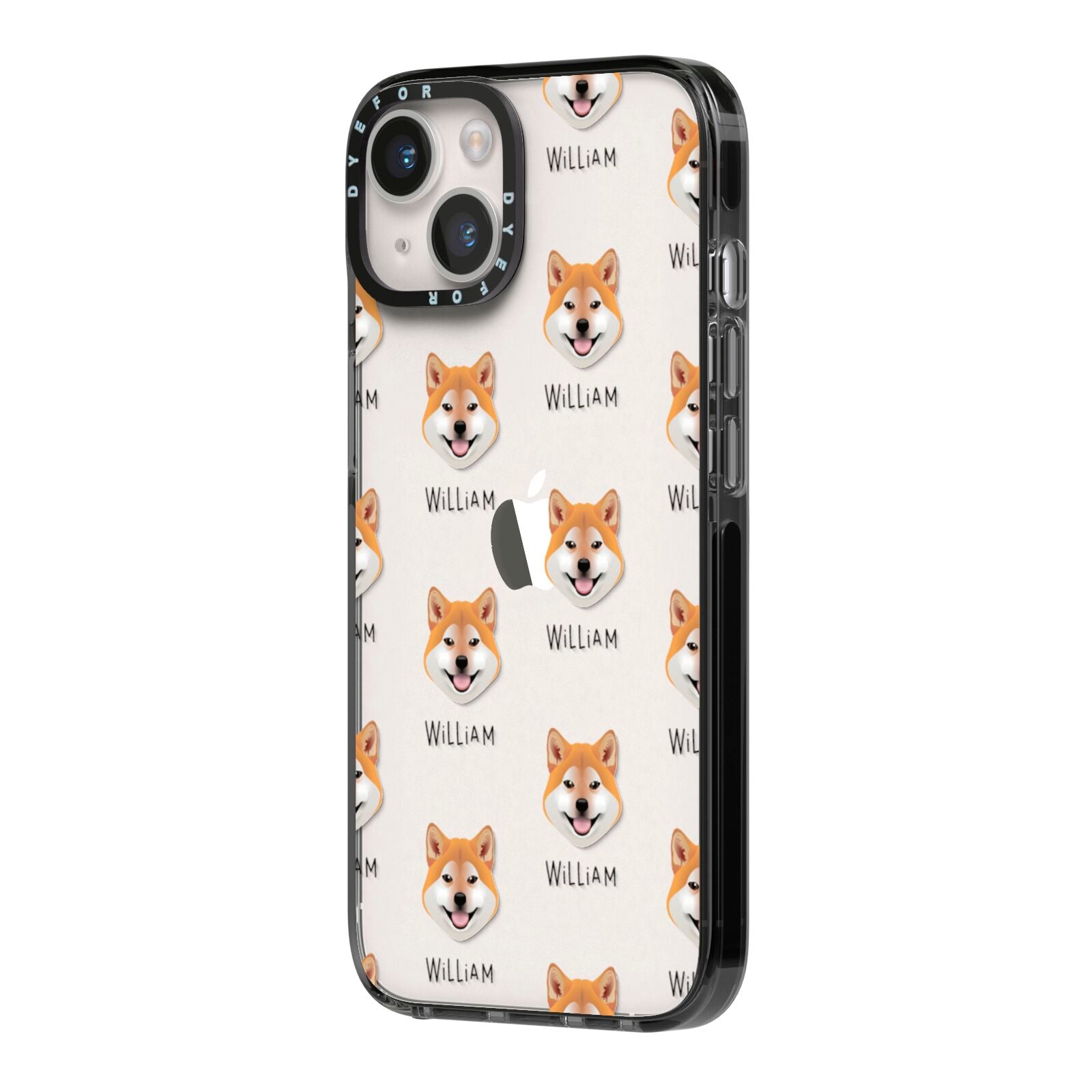 Japanese Shiba Icon with Name iPhone 14 Black Impact Case Side Angle on Silver phone