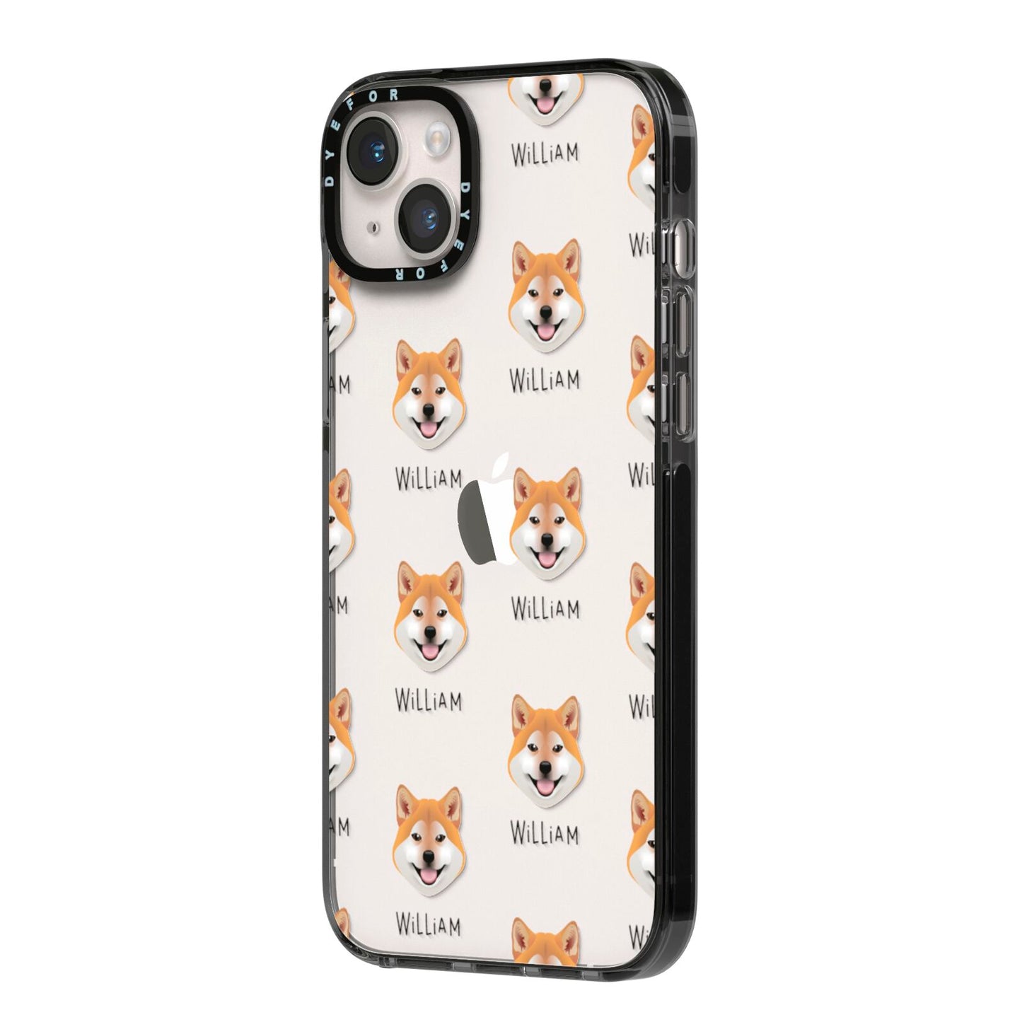 Japanese Shiba Icon with Name iPhone 14 Plus Black Impact Case Side Angle on Silver phone