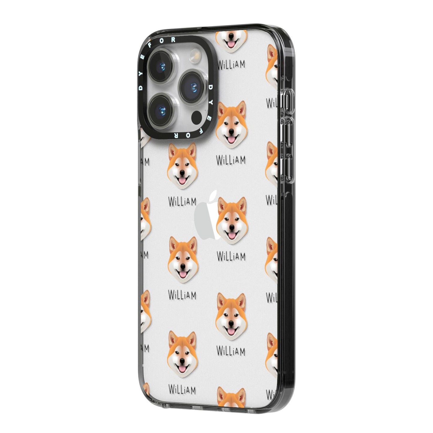 Japanese Shiba Icon with Name iPhone 14 Pro Max Black Impact Case Side Angle on Silver phone