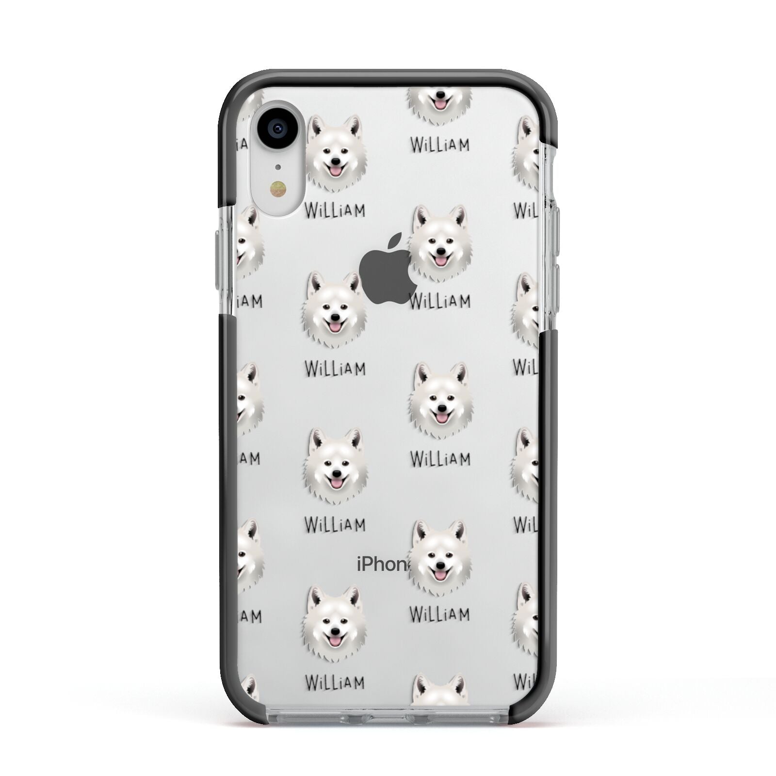 Japanese Spitz Icon with Name Apple iPhone XR Impact Case Black Edge on Silver Phone
