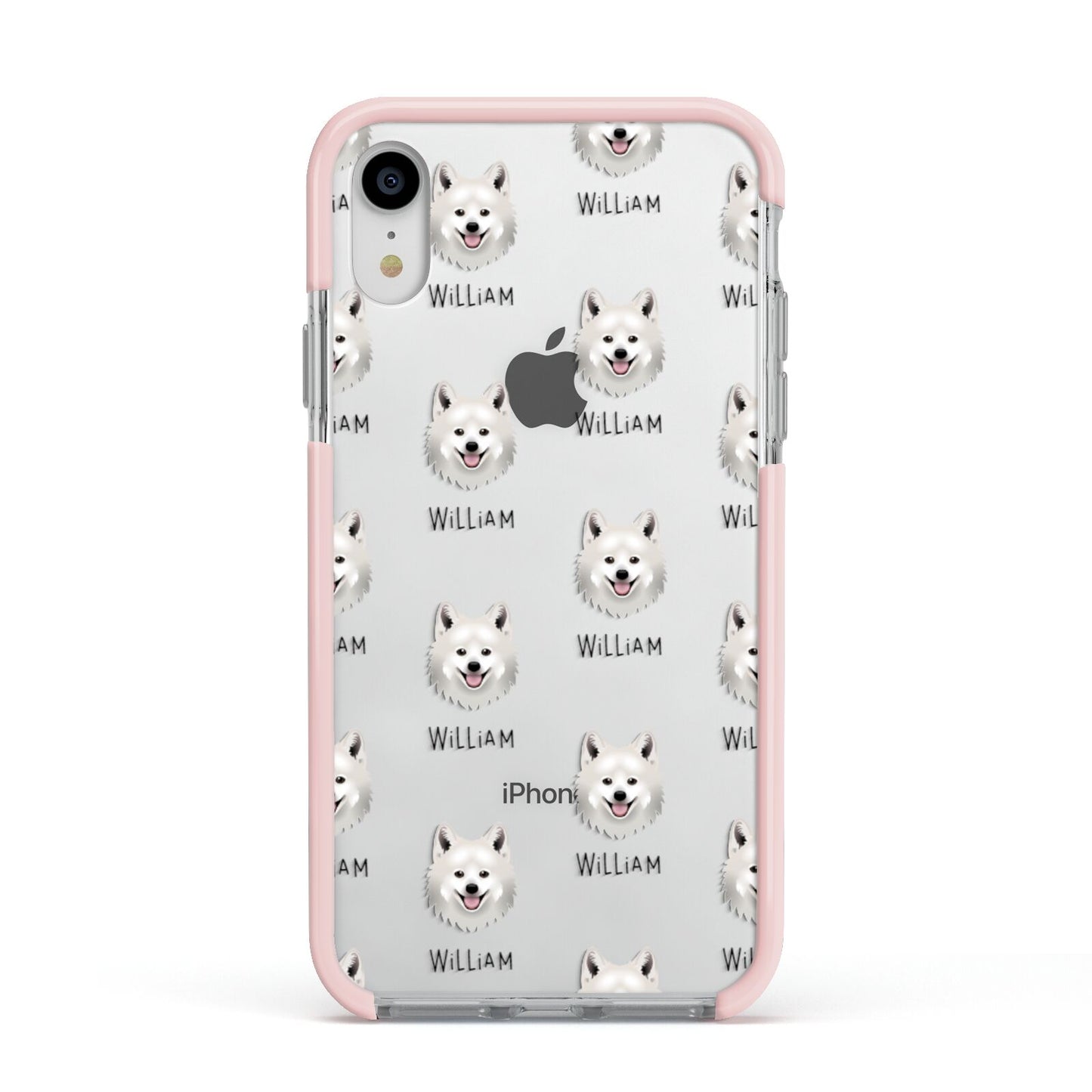 Japanese Spitz Icon with Name Apple iPhone XR Impact Case Pink Edge on Silver Phone