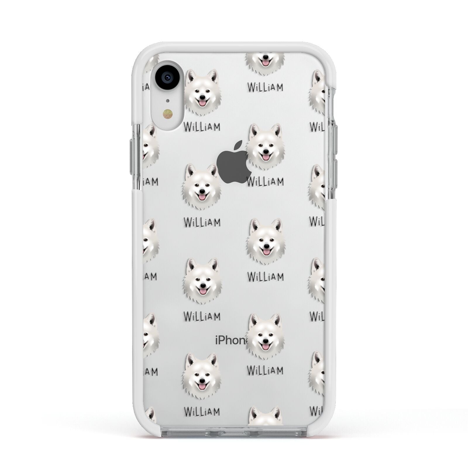 Japanese Spitz Icon with Name Apple iPhone XR Impact Case White Edge on Silver Phone
