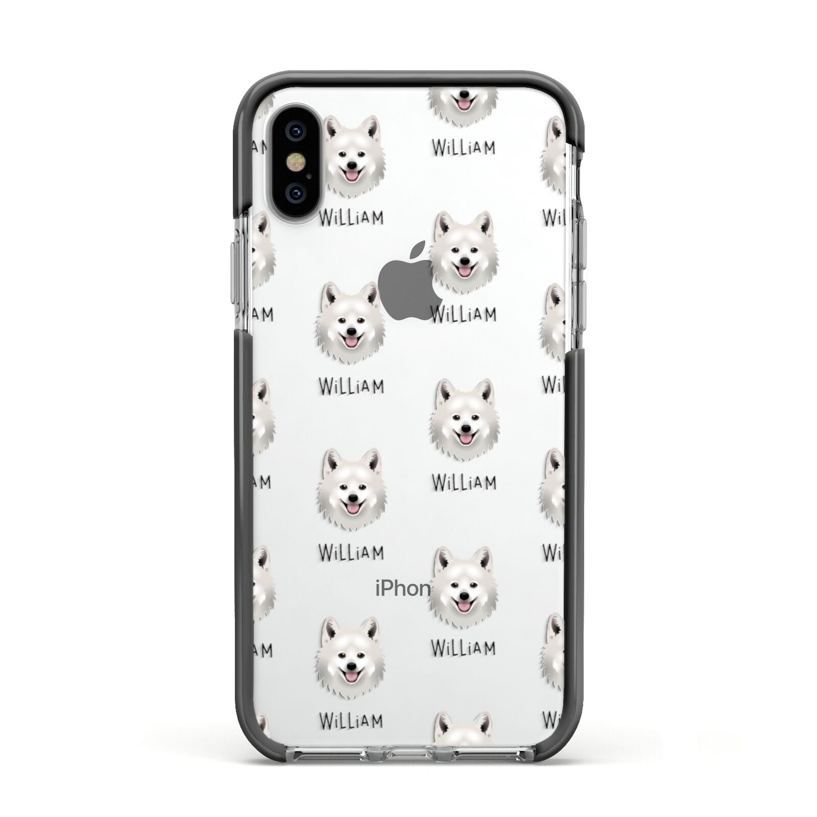 Japanese Spitz Icon with Name Apple iPhone Xs Impact Case Black Edge on Silver Phone