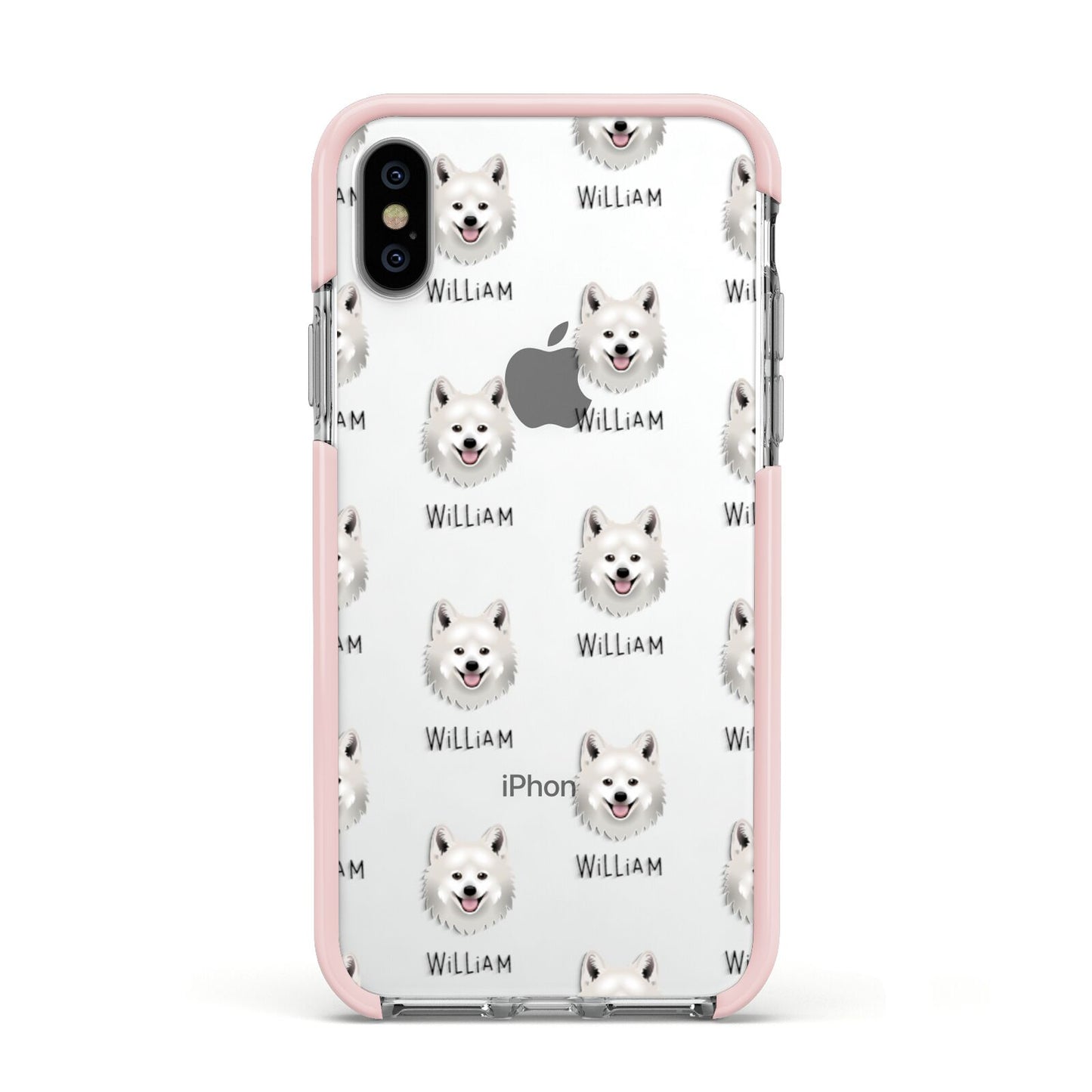 Japanese Spitz Icon with Name Apple iPhone Xs Impact Case Pink Edge on Silver Phone