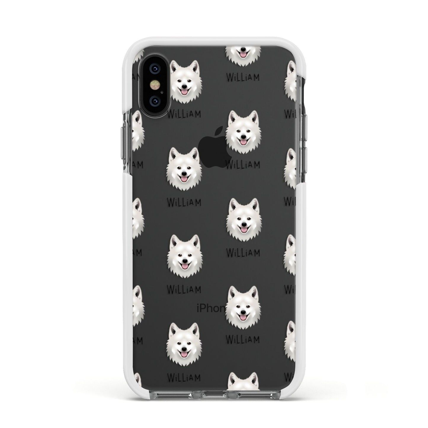 Japanese Spitz Icon with Name Apple iPhone Xs Impact Case White Edge on Black Phone