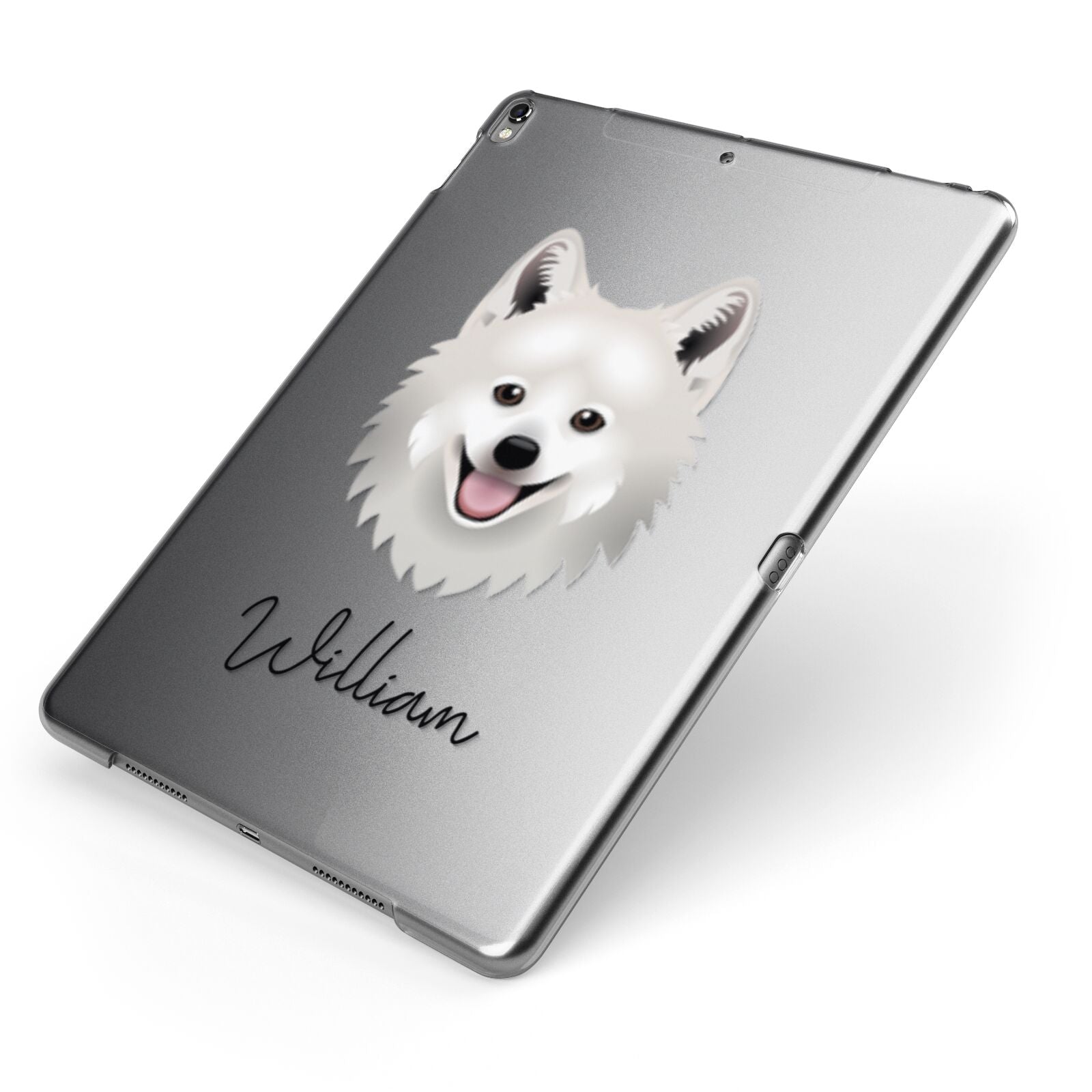 Japanese Spitz Personalised Apple iPad Case on Grey iPad Side View